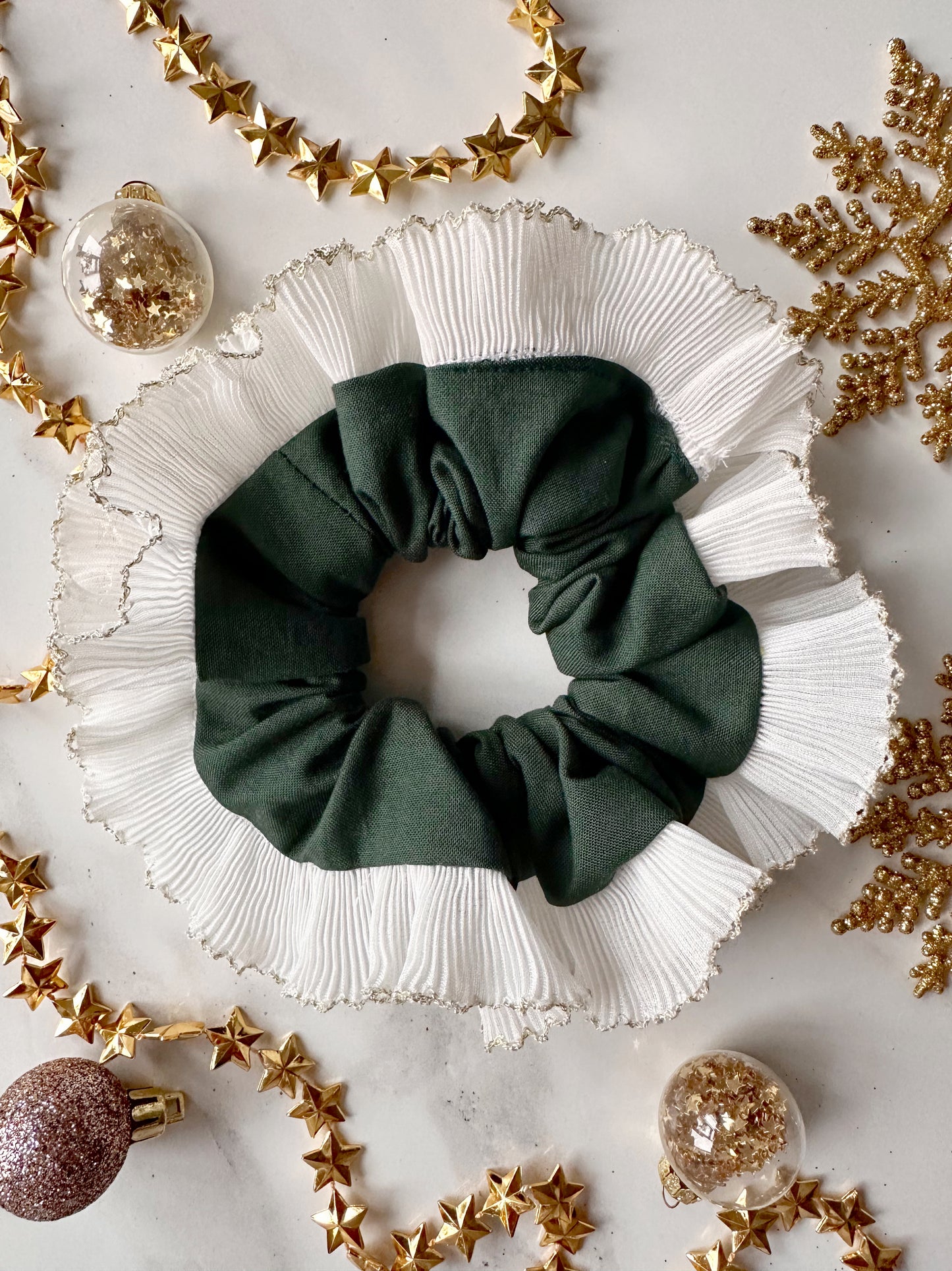Forest Green Scrunchie with White and Gold Frill Trim