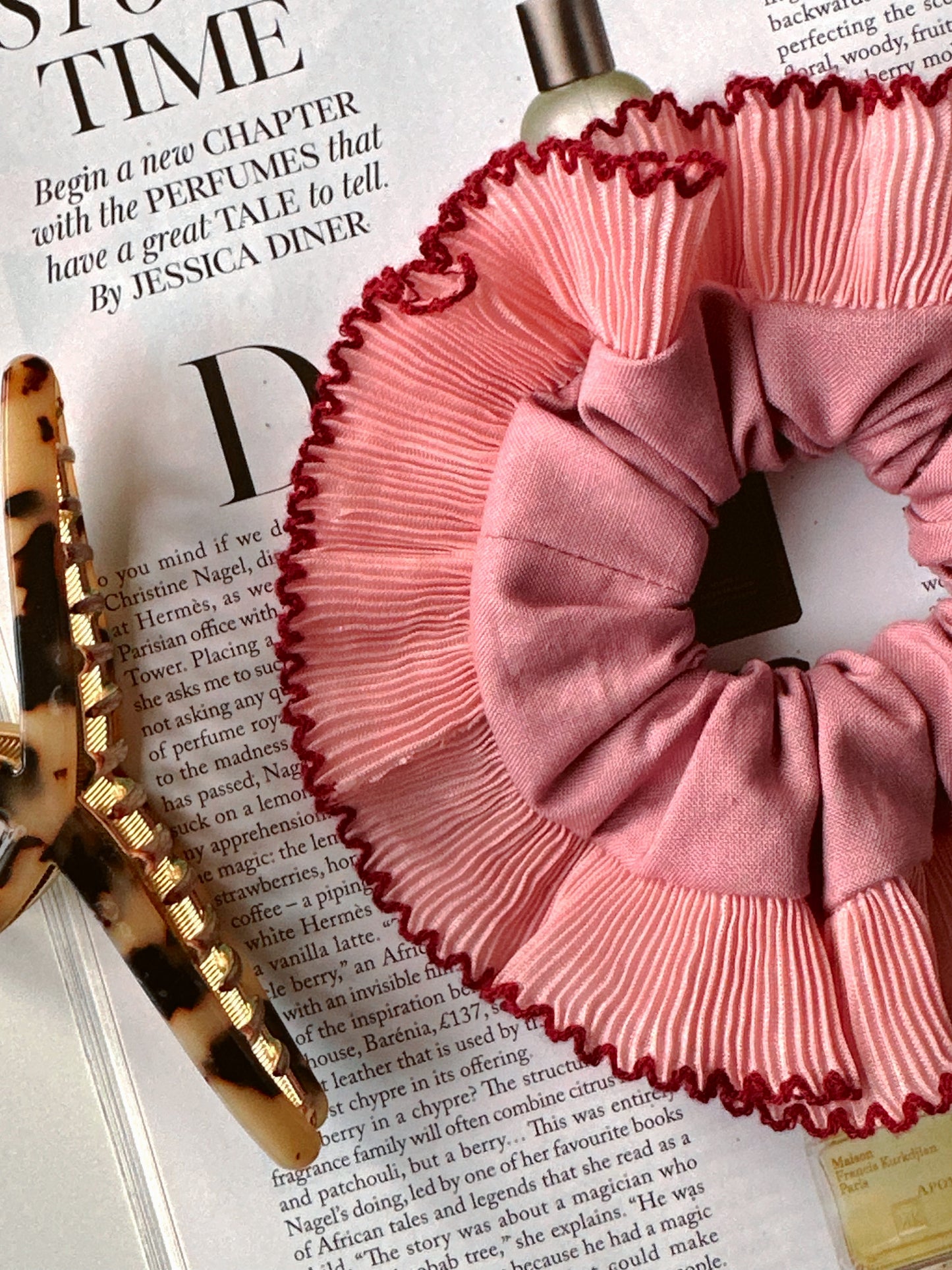 Smaller Oversized Dusk Pink Scrunchie with Pink and Red Frill Trim