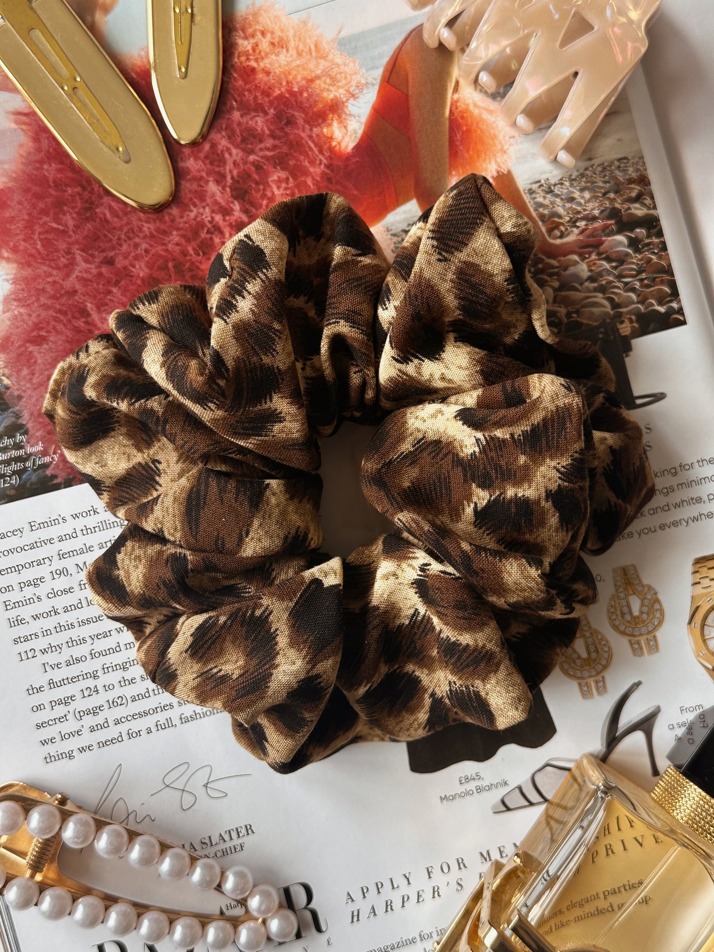 Brown Polkadot & Leopard Print Scrunchie Duo