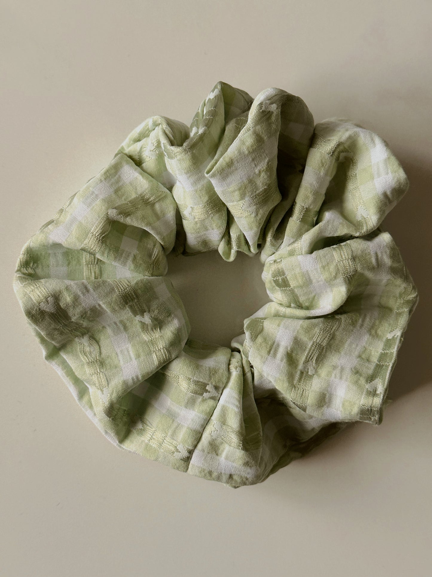 Valentines Pale Green Gingham and Heart Print Scrunchie