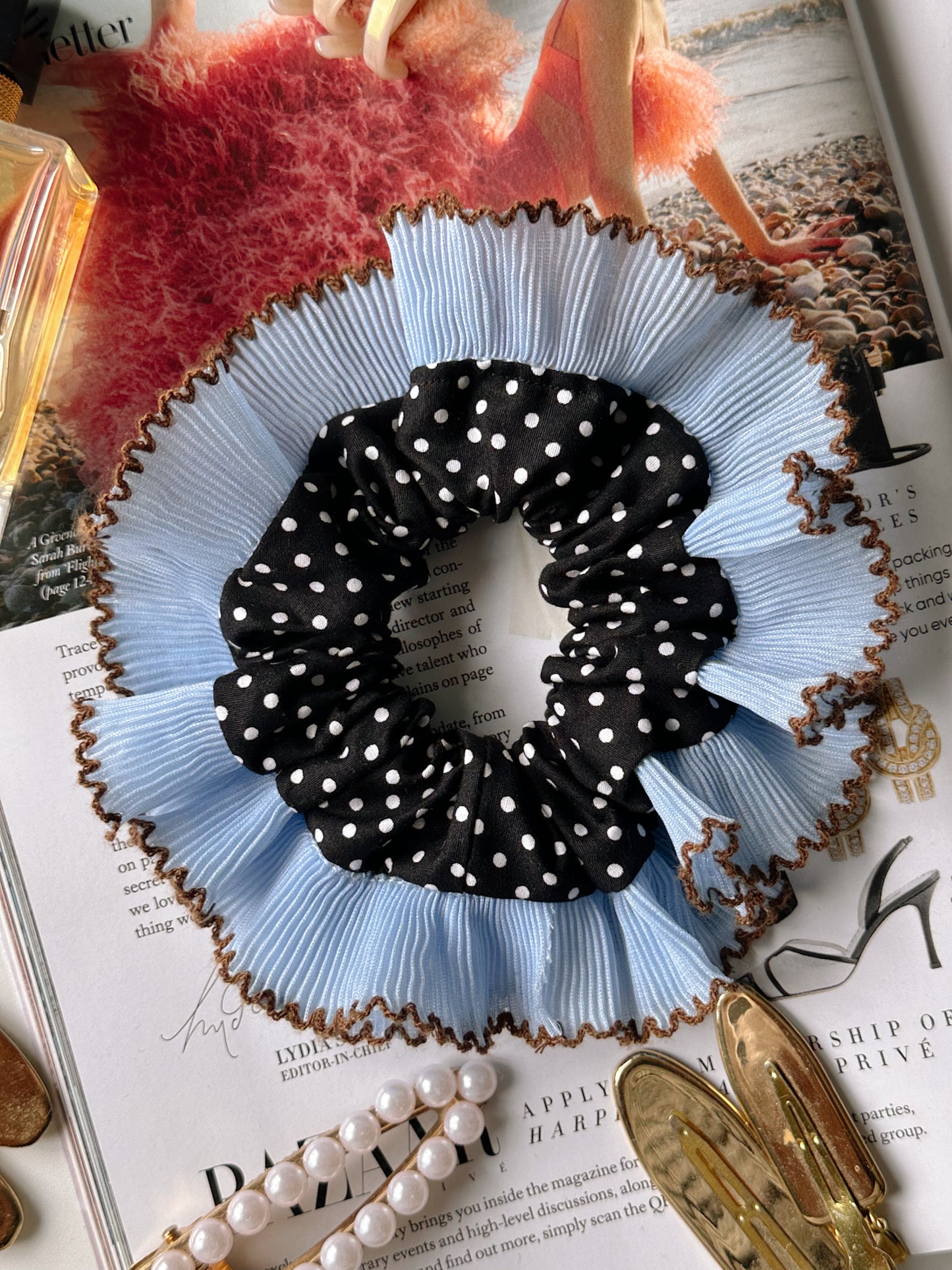 Oversized Black Polkadot Scrunchie with Baby Blue Frill Trim
