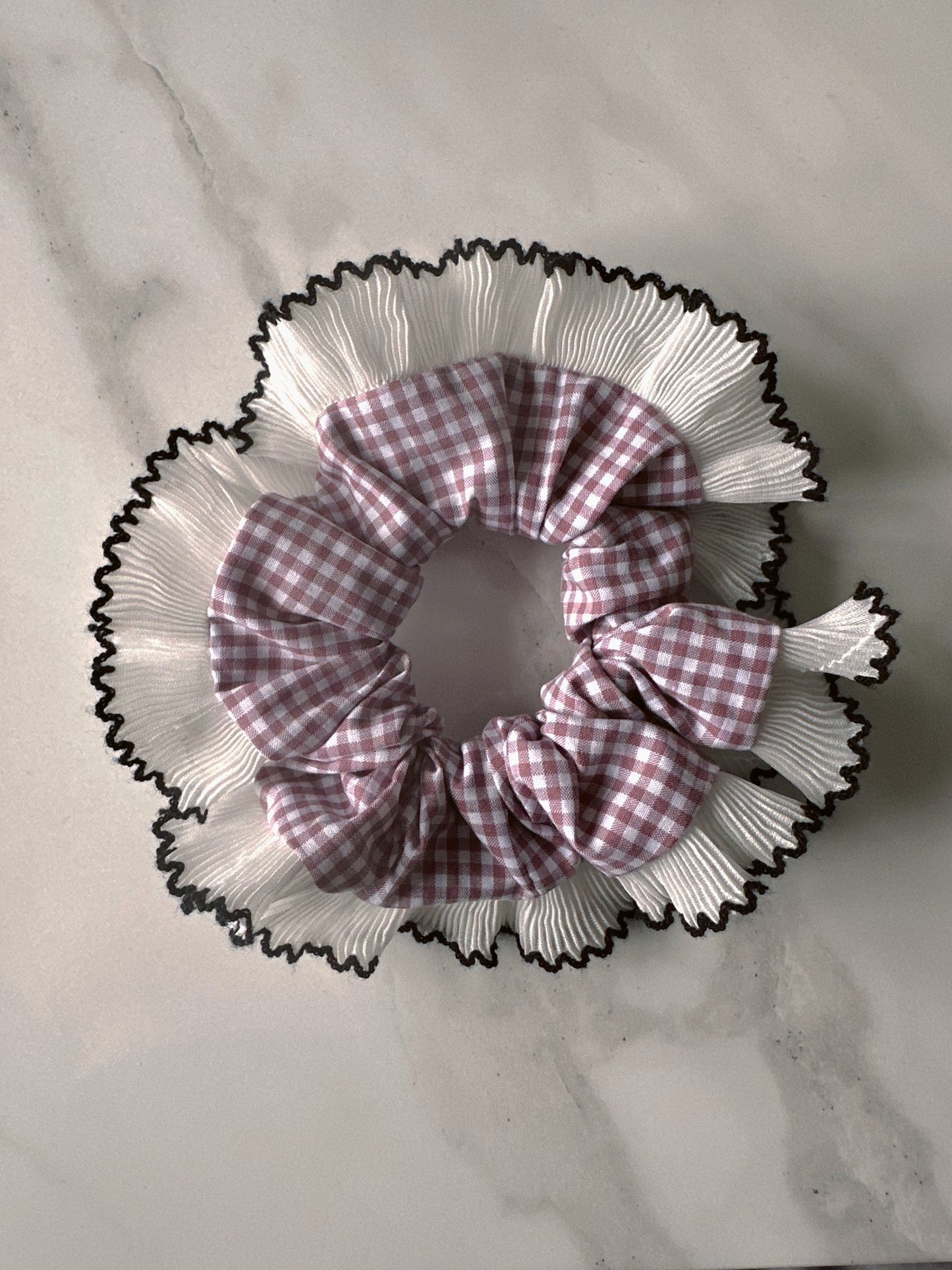 Handmade XL Rose Gingham Scrunchie with White and Black Frill Trim