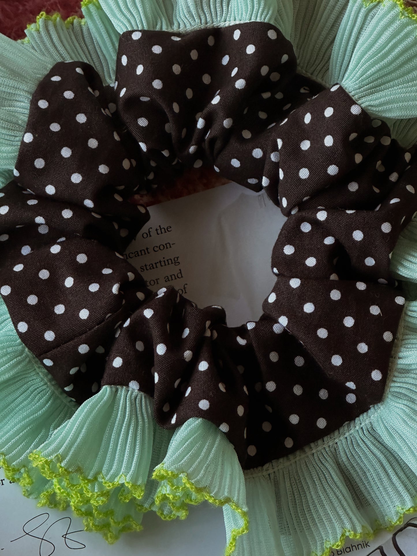 Oversized Dark Brown Polkadot Scrunchie with Green Frill Trim