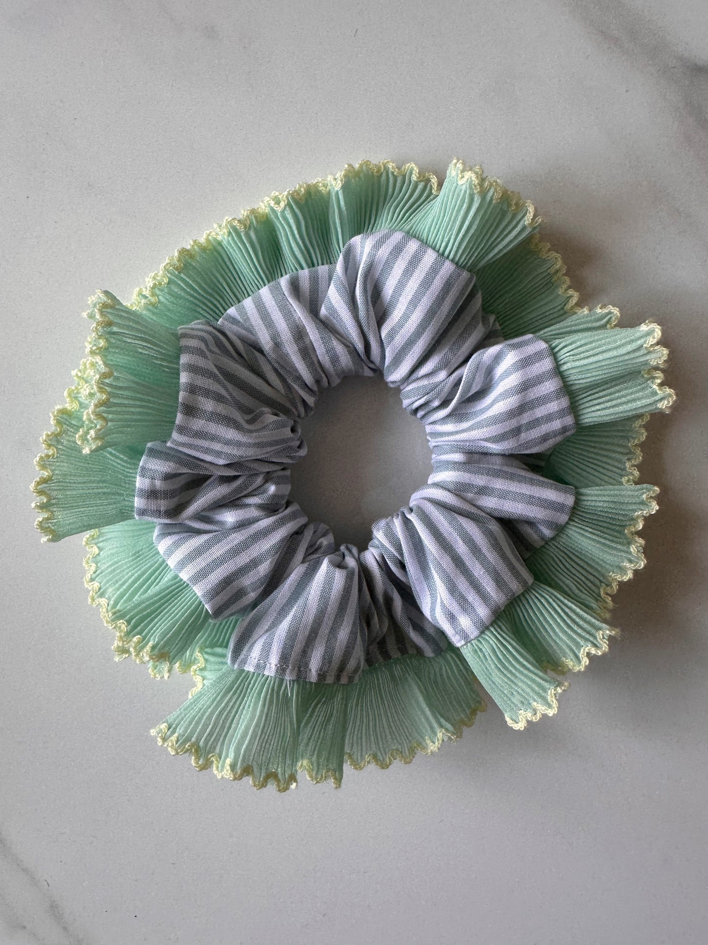 Blue Striped Scrunchie with Green and White Frill Trim