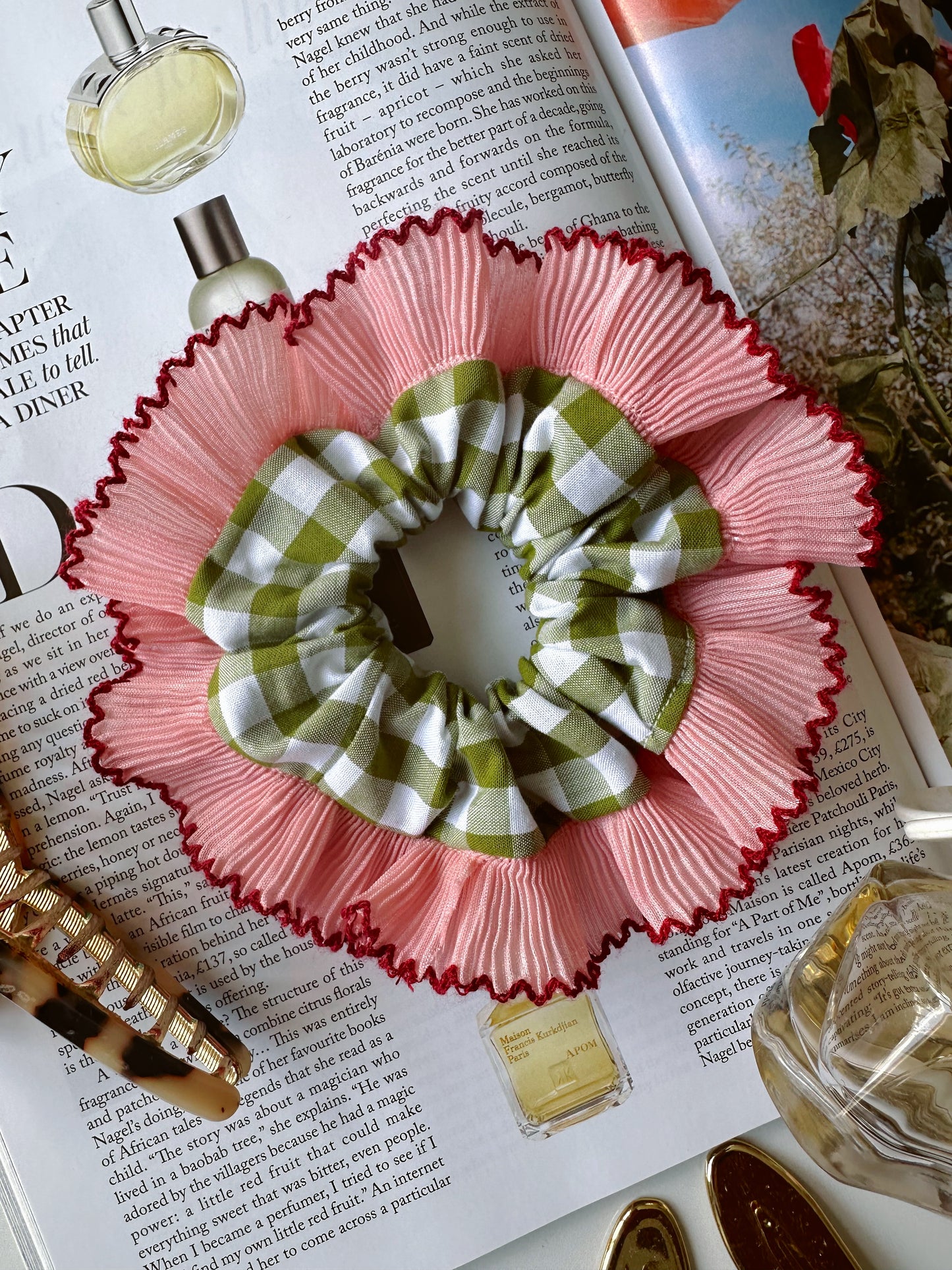 Mini Oversized Olive Green Gingham Scrunchie with Pink Frill Trim