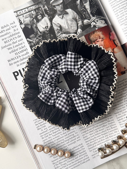 Mini Oversized Black Gingham Scrunchie with Black Frill Trim