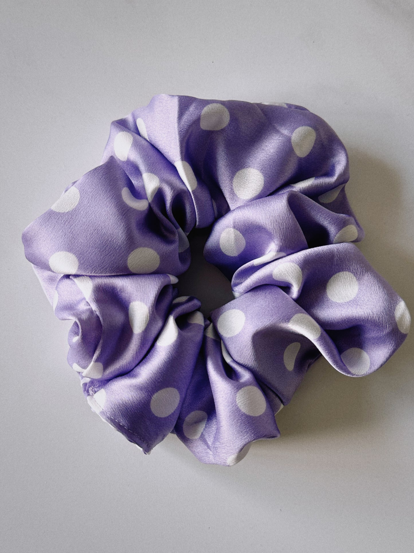 Purple and White Polkadot Satin Scrunchie