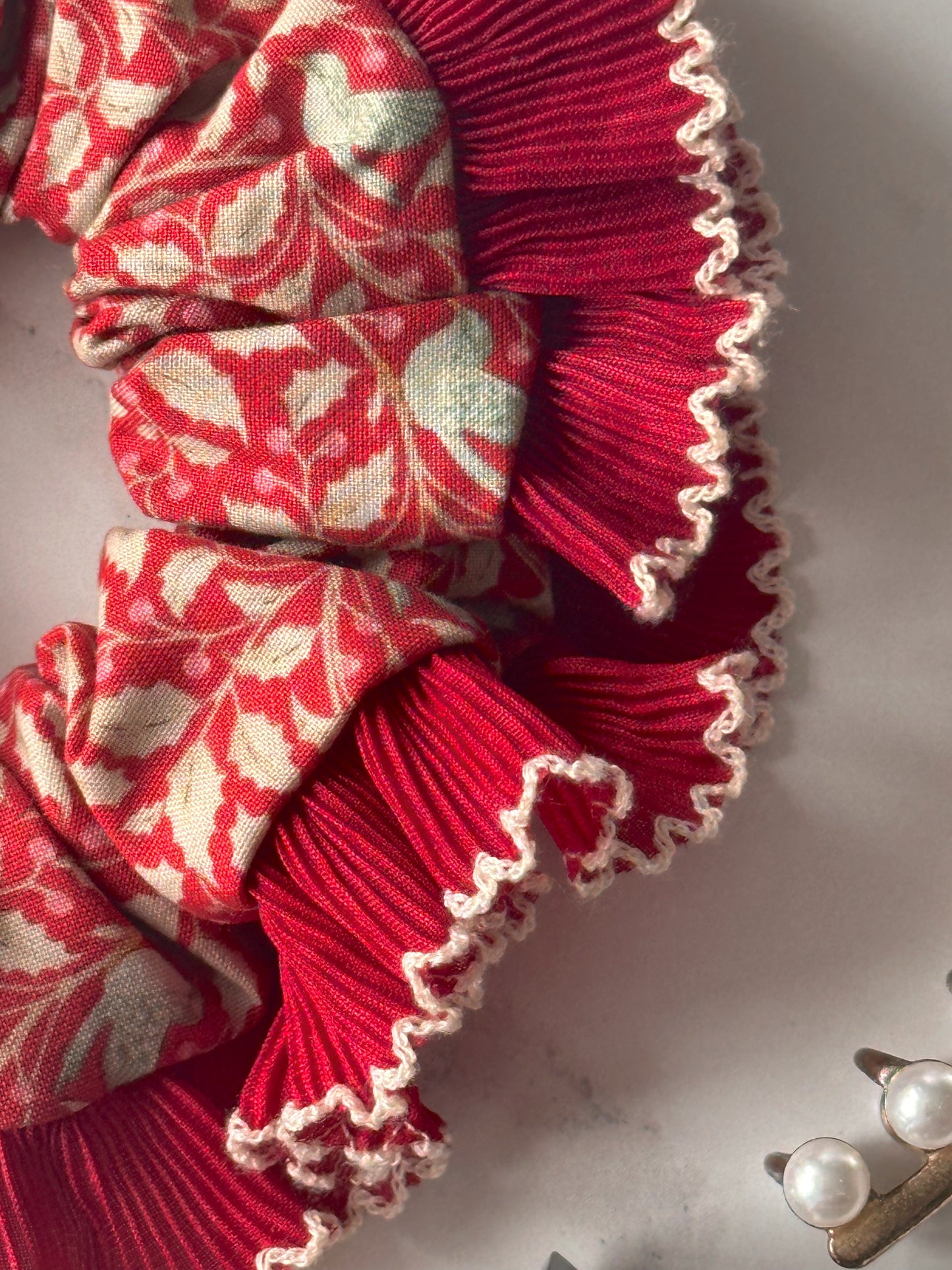 Red Christmas Print Scrunchie with Red and White Frill Trim