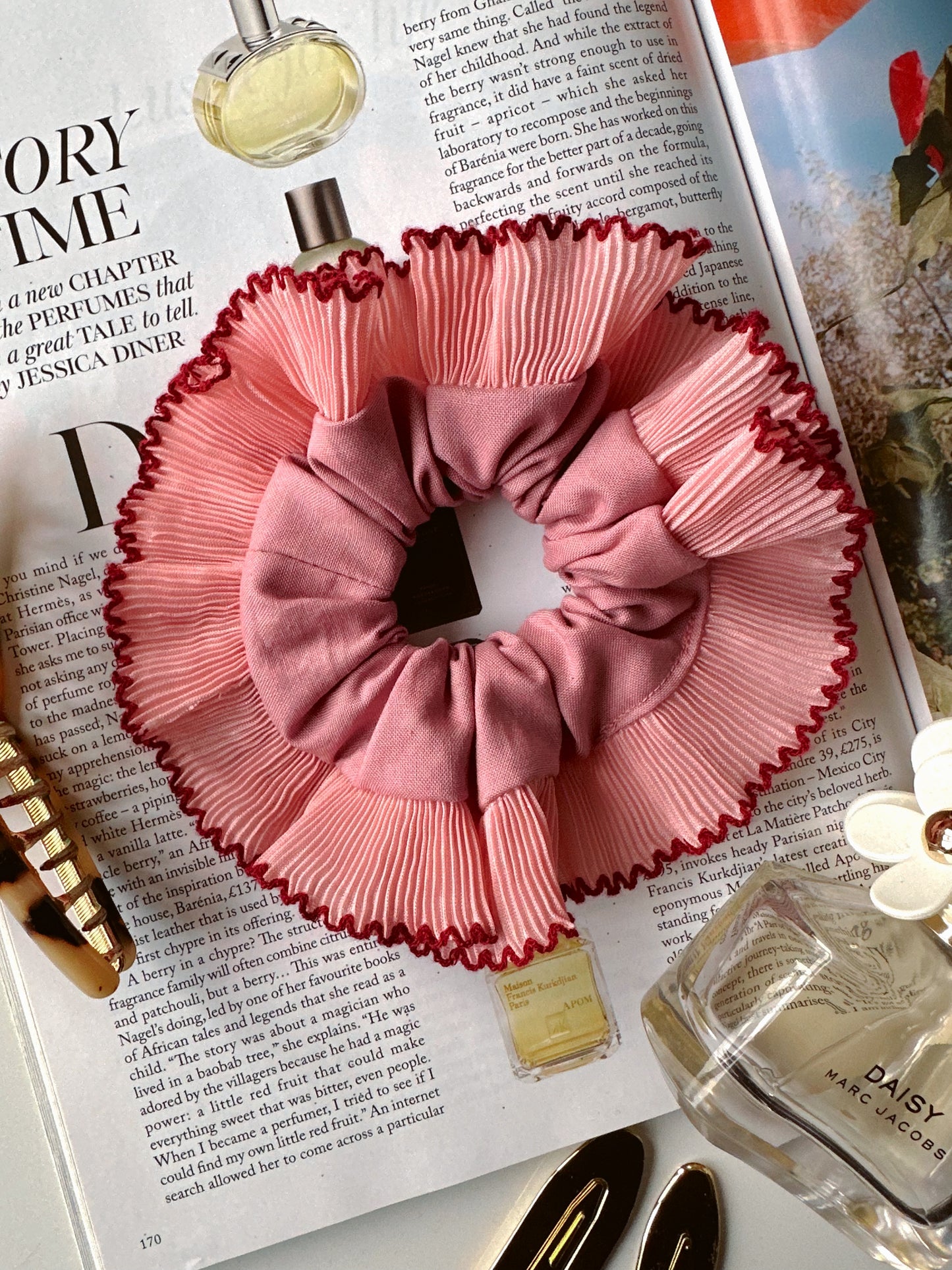 Smaller Oversized Dusk Pink Scrunchie with Pink and Red Frill Trim