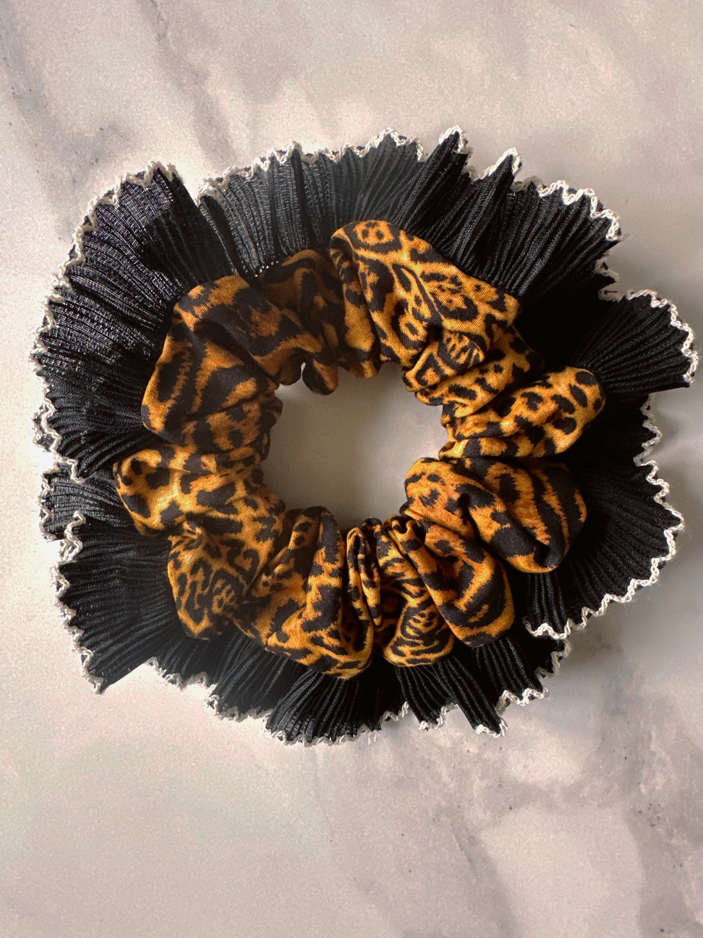 Handmade XL Leopard Print Scrunchie with Black Frill Trim
