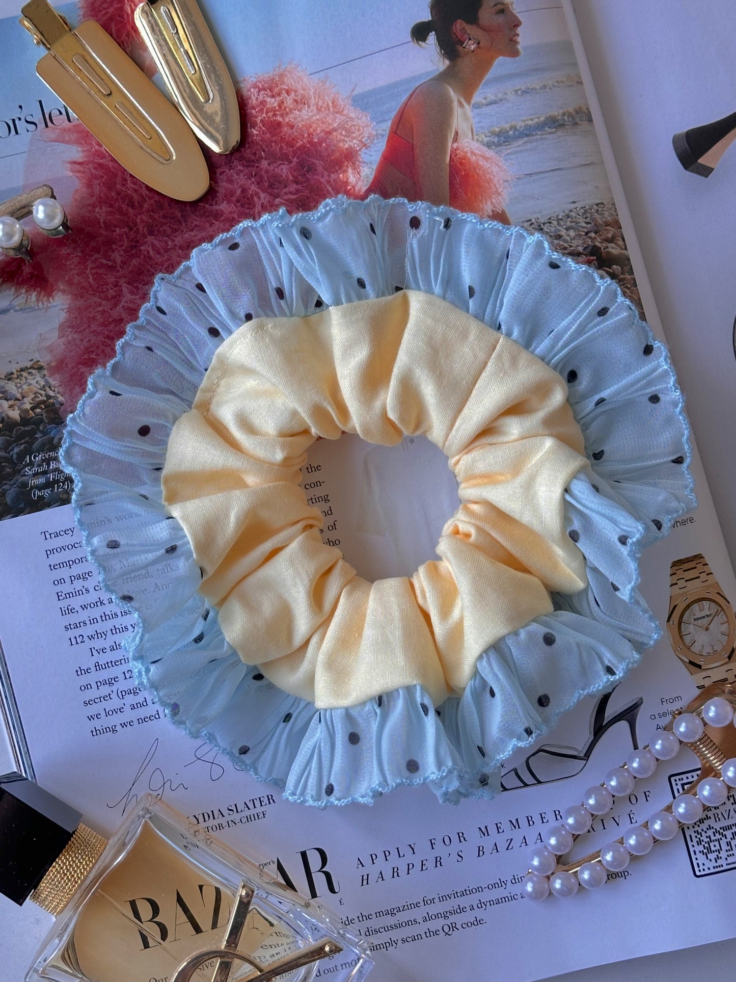 Oversized Butter Yellow  Scrunchie with Blue Polkadot Trim