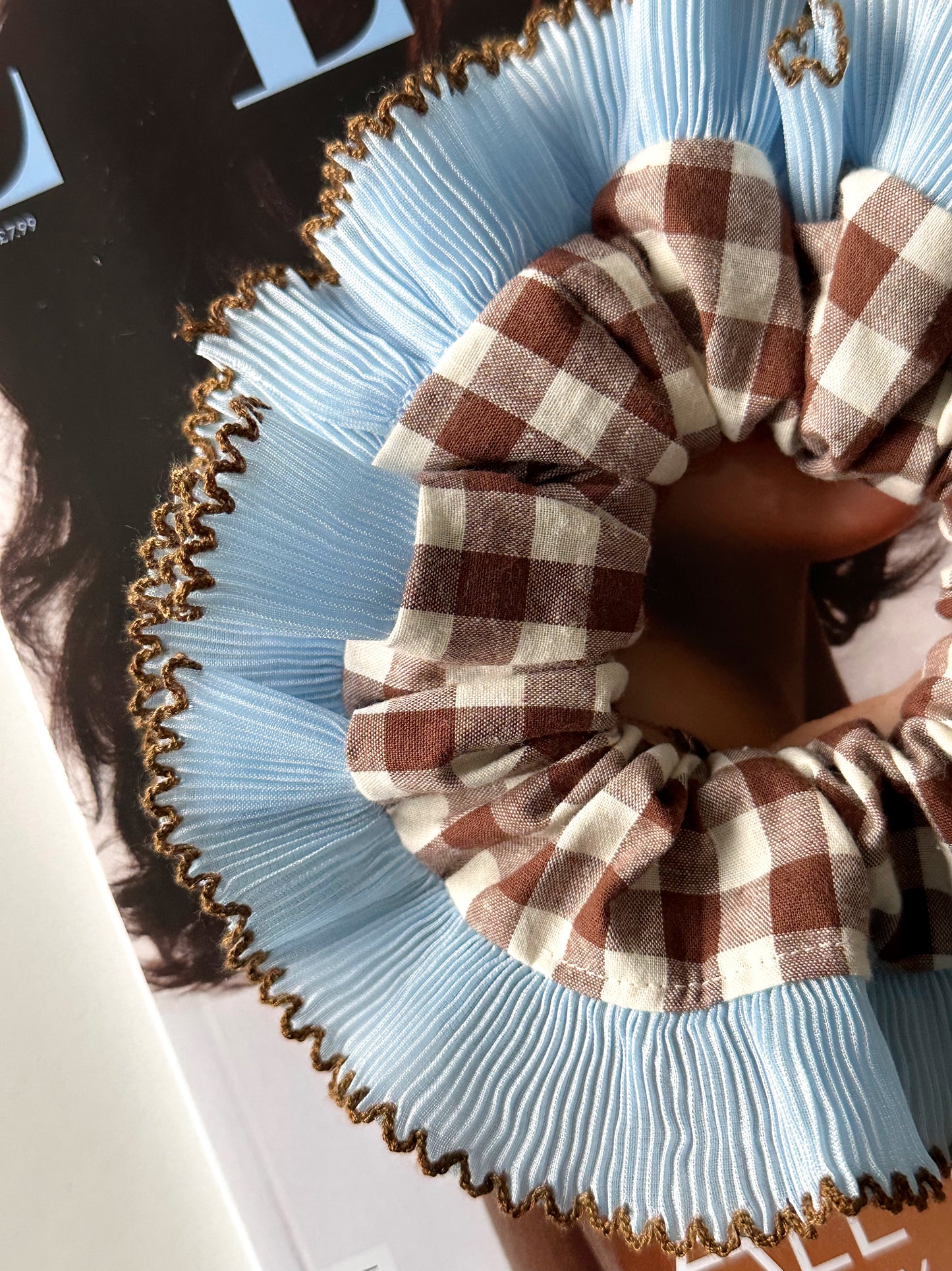 Handmade XL Brown Gingham Scrunchie with Blue and Brown Frill Trim