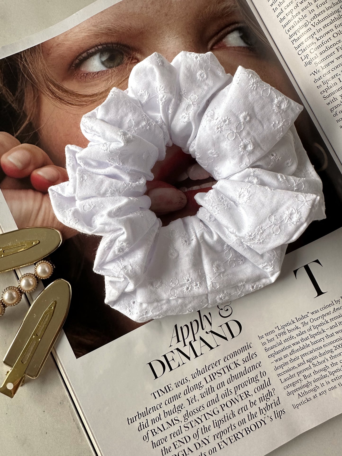 Handmade White Embroidered Scrunchie