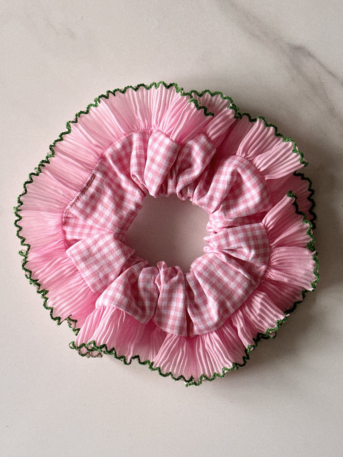 XL Pink Gingham Scrunchie with Pink and Green Frill Trim