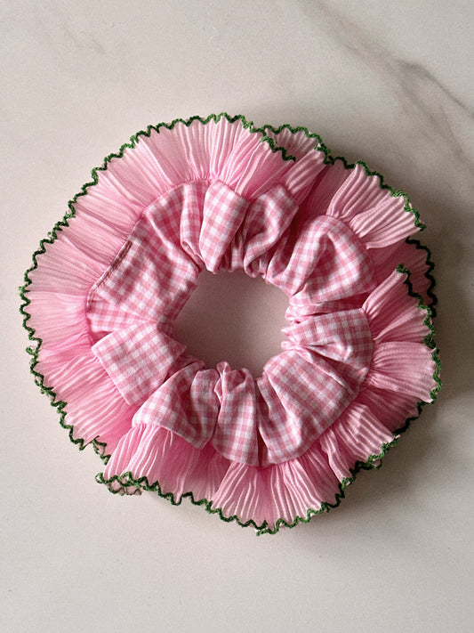XL Pink Gingham Scrunchie with Pink and Green Frill Trim