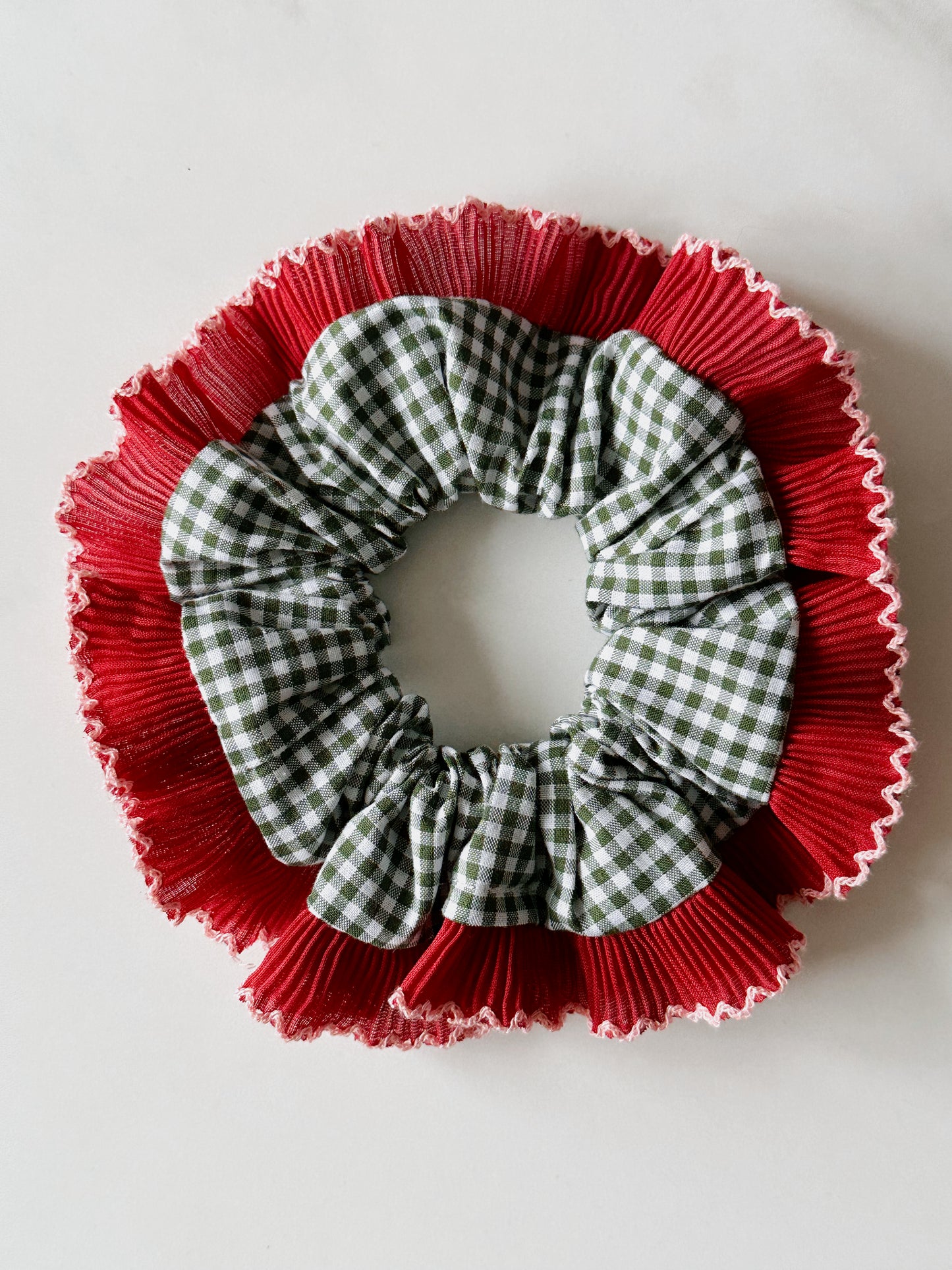Handmade XL Dark Green Gingham Scrunchie with Red Frill Trim