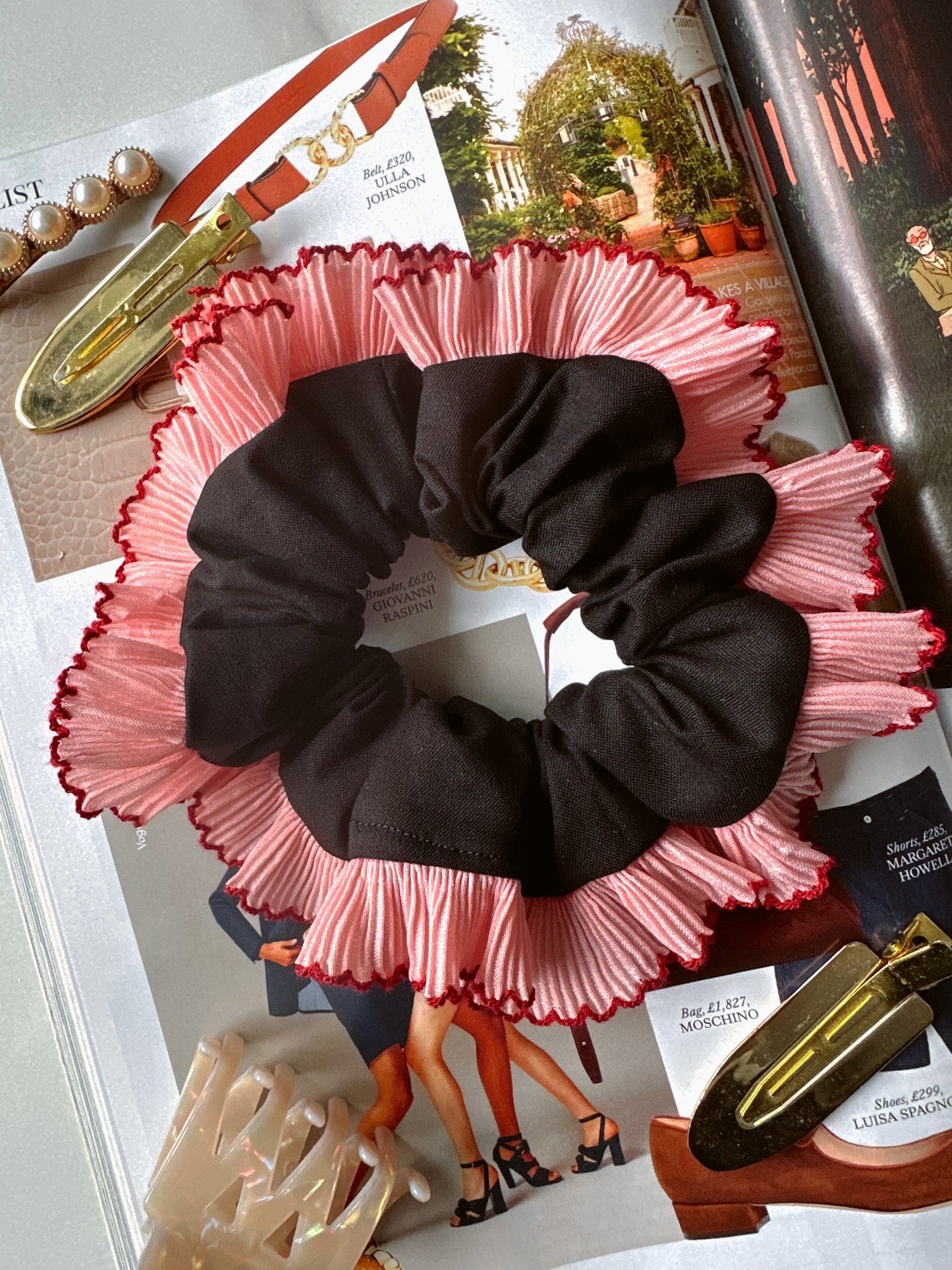 Handmade XL Black Cotton Scrunchie with Pink Frill Trim