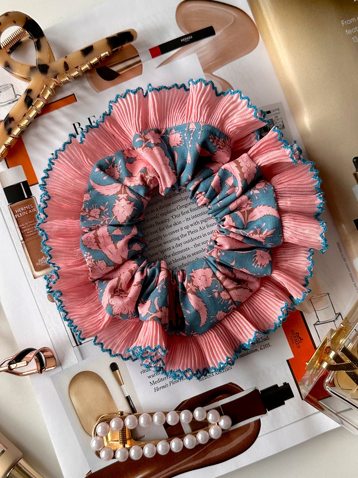 Oversized Turquoise and Pink Scrunchie with a Pink Frill Trim