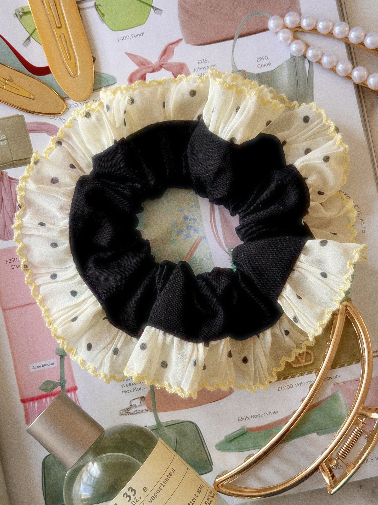 Oversized Black Scrunchie with Yellow Polkadot Trim