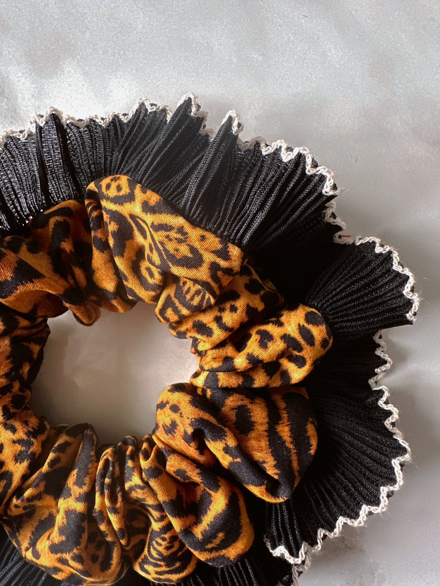 Handmade XL Leopard Print Scrunchie with Black Frill Trim