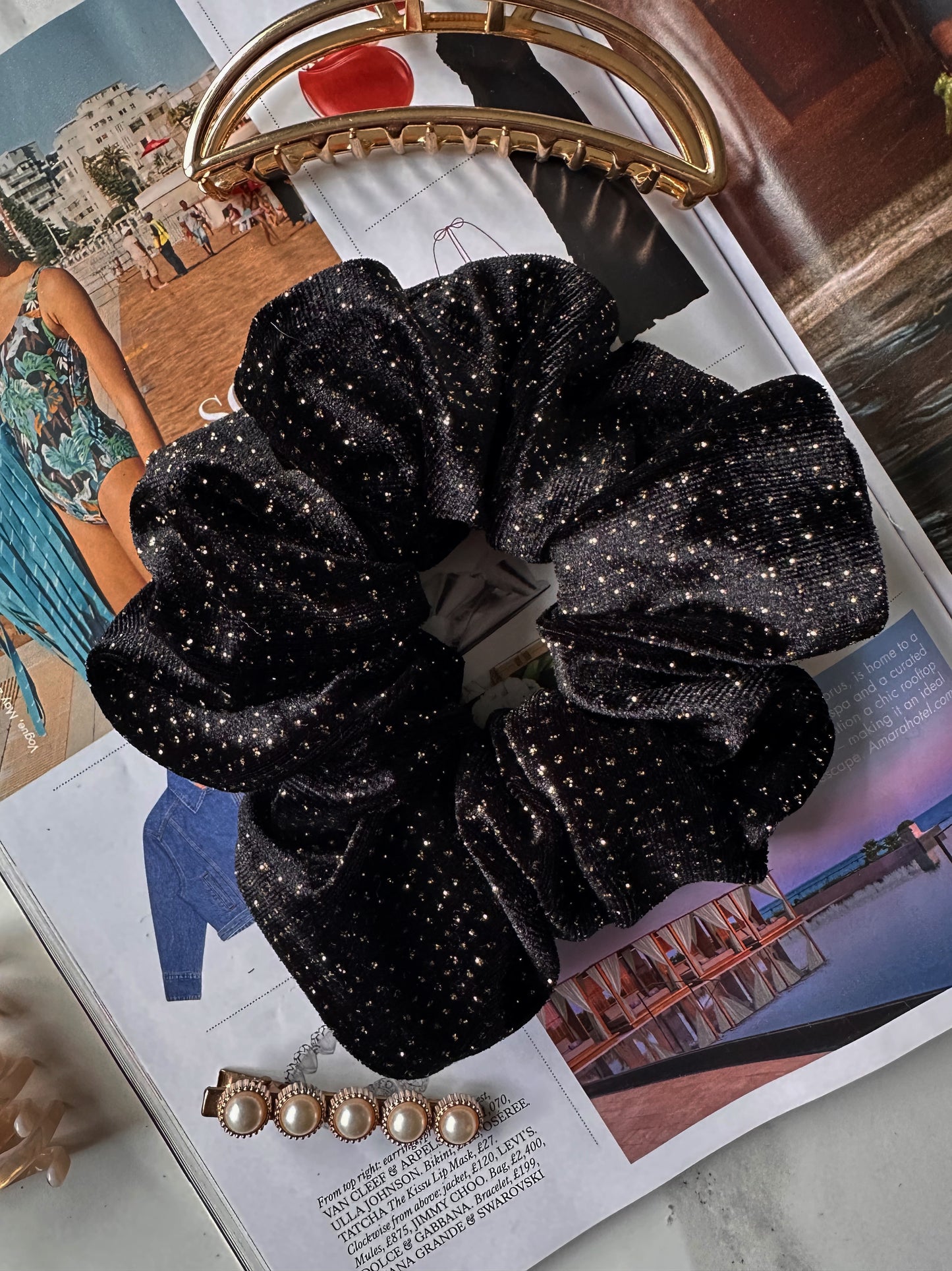 Oversized Black Velvet Gold Glitter Scrunchie
