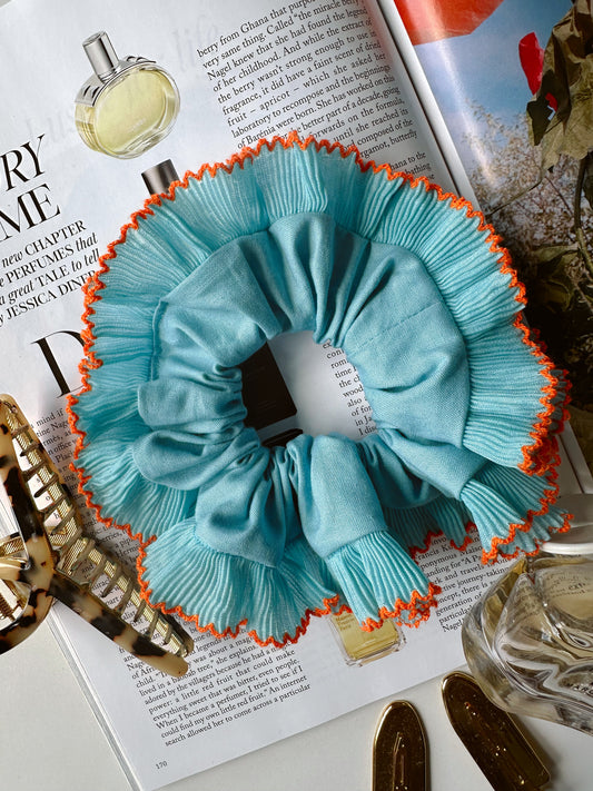 Turquoise Scrunchie with Blue and Orange Trim