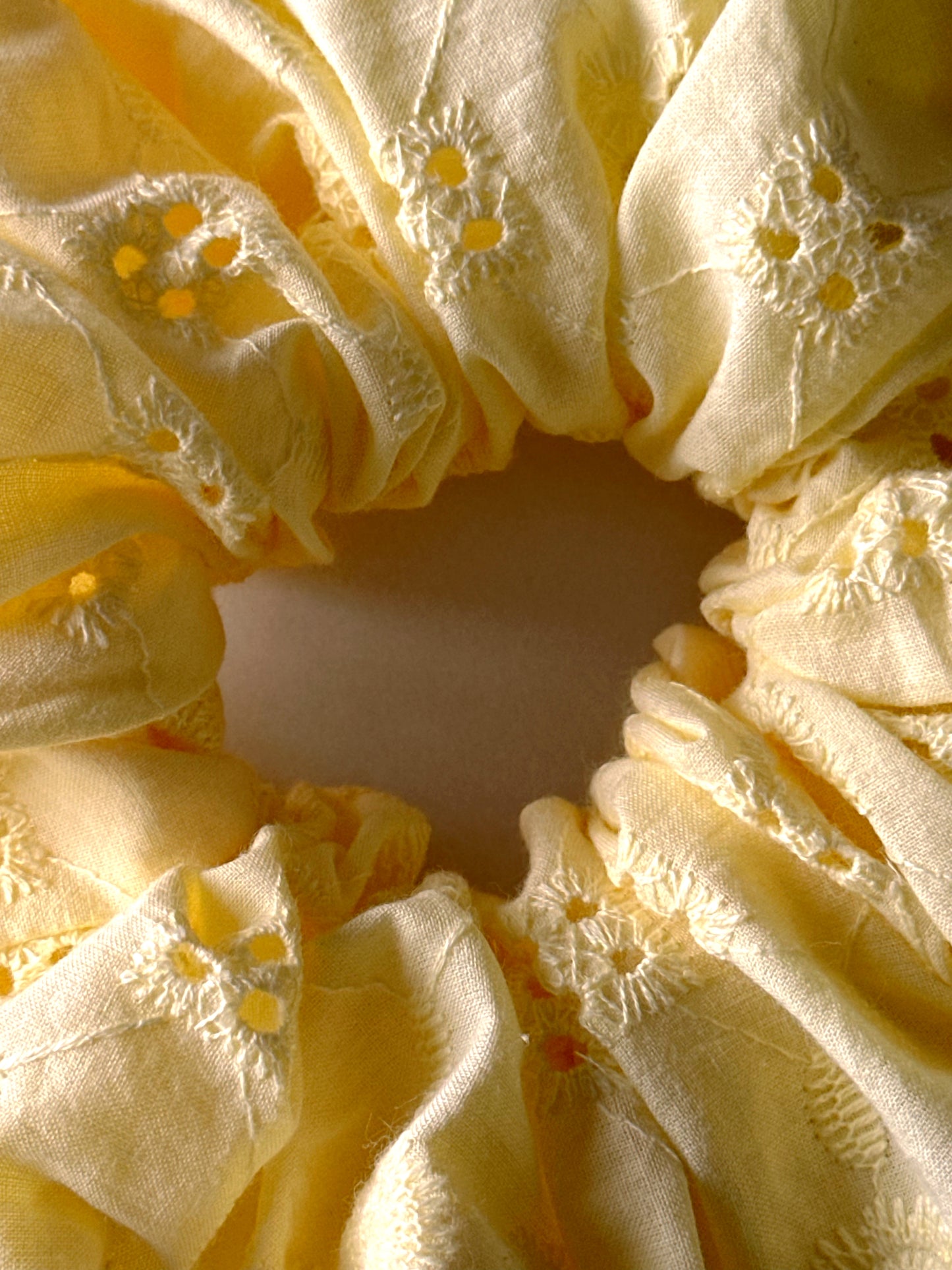 Lemon Broderie Scrunchie – Handmade Embroidered Cotton Hair Tie