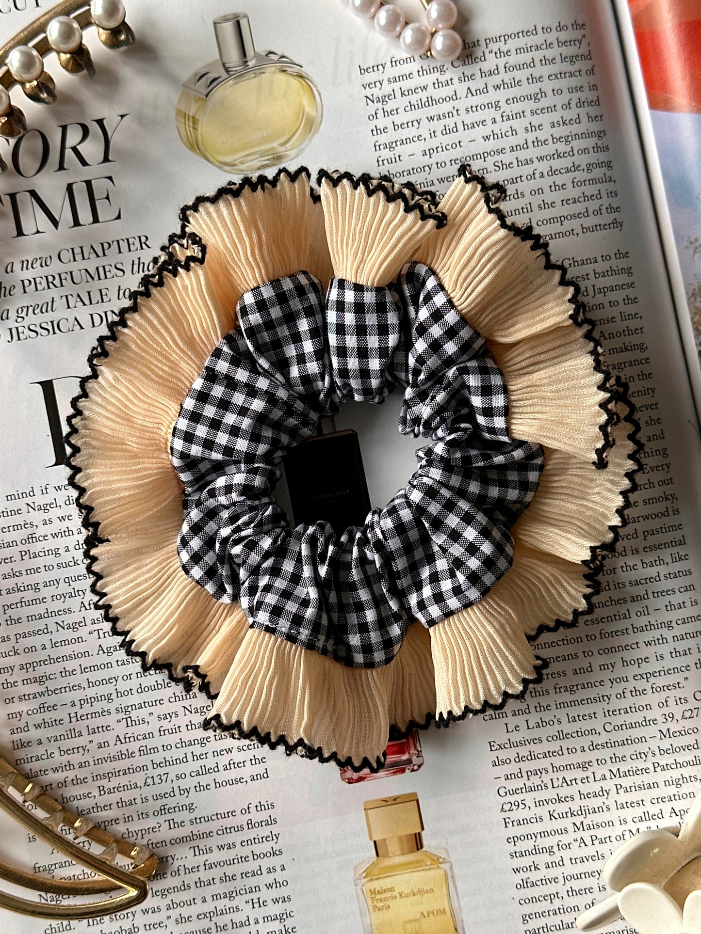 Smaller Black Gingham Scrunchie with Cream Frill Trim