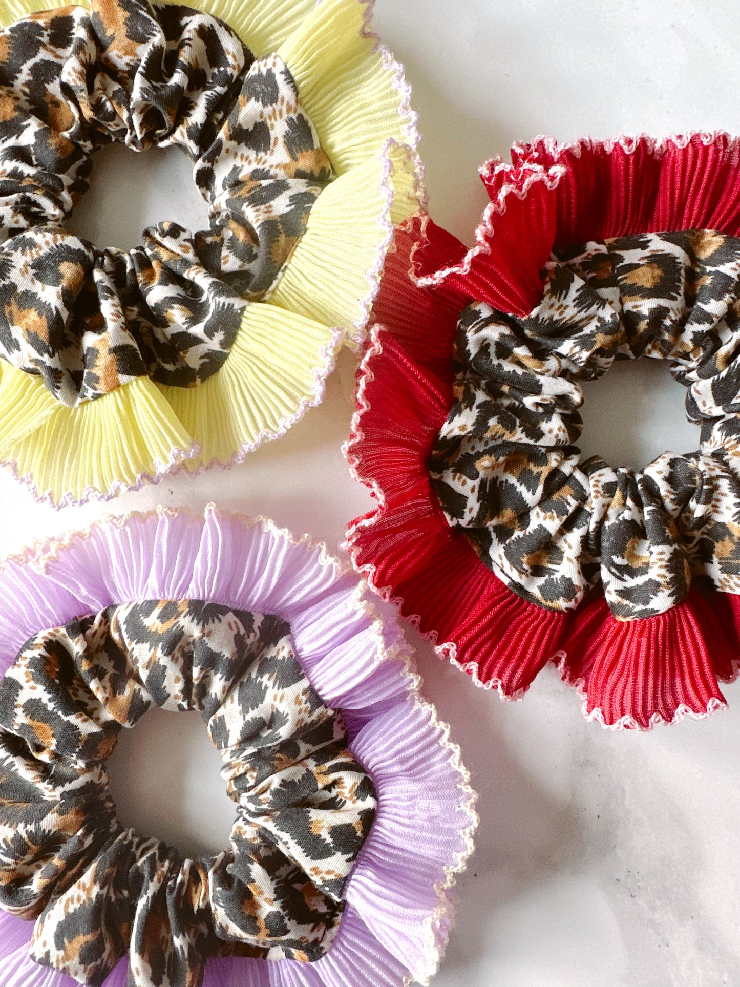 Mini Oversized Leopard Print Scrunchie with a Purple Frill Trim