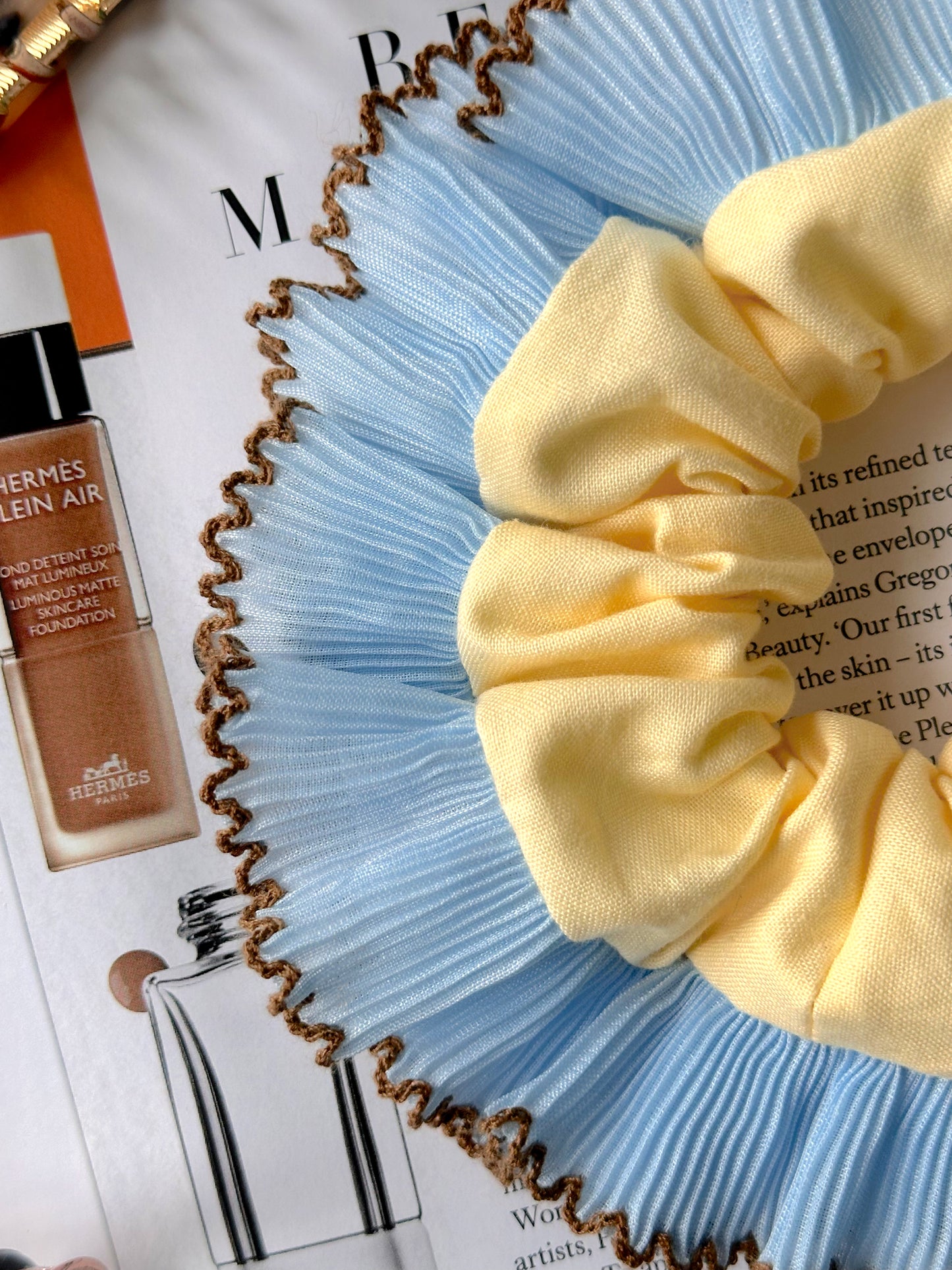 Handmade XL Butter Yellow Scrunchie with Blue and Brown Frill Trim