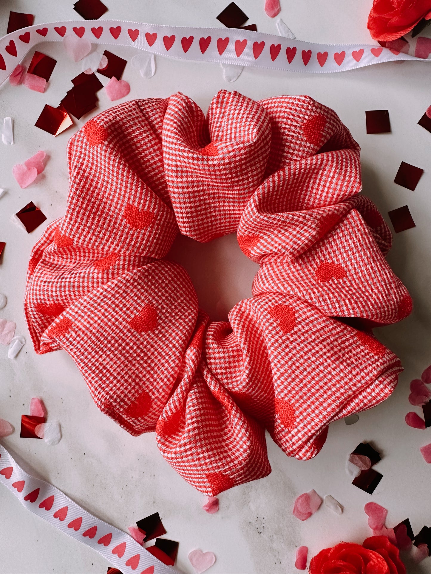 Valentines Gingham and Heart Print Scrunchie