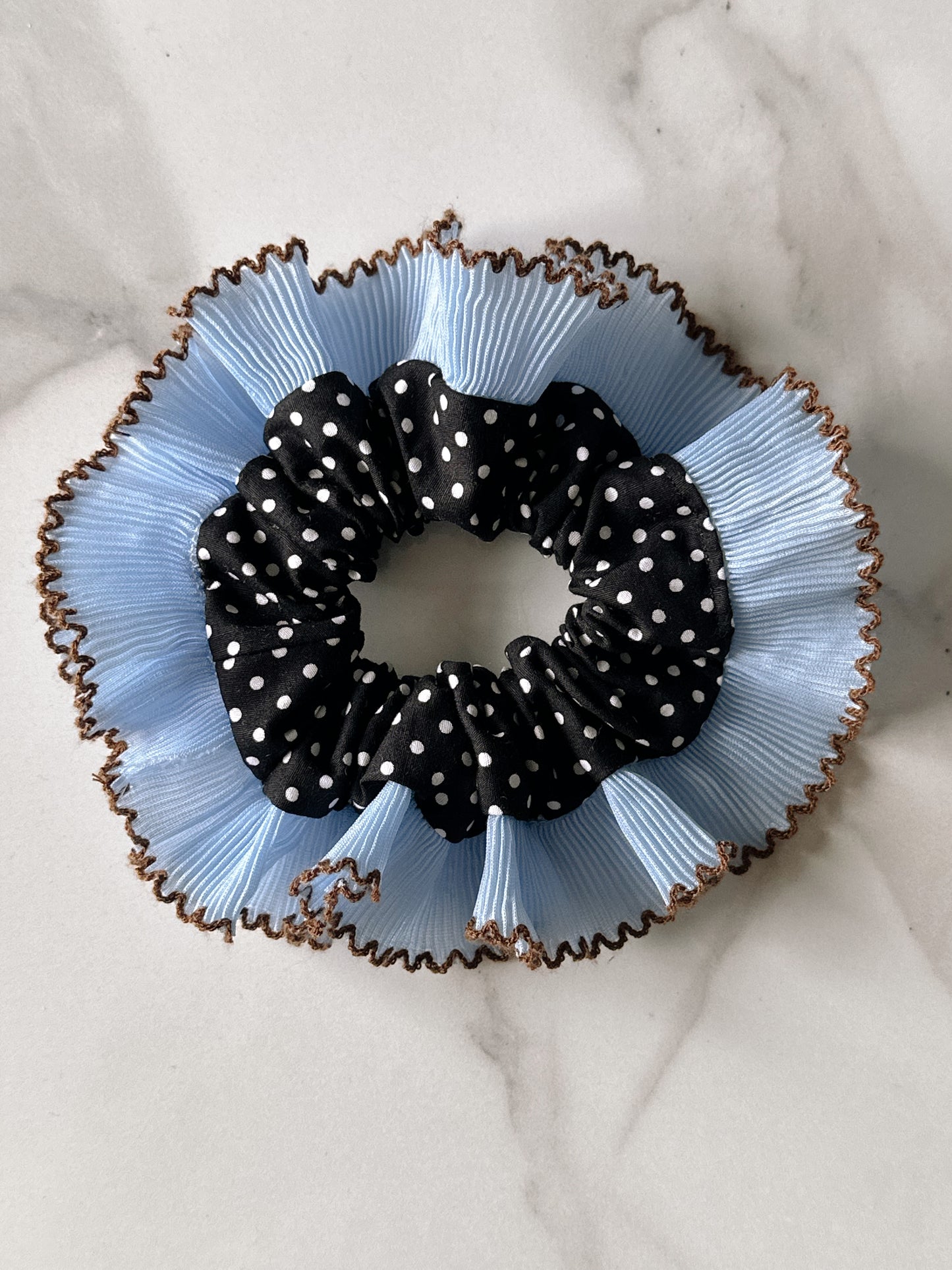 Oversized Black Polkadot Scrunchie with Baby Blue Frill Trim