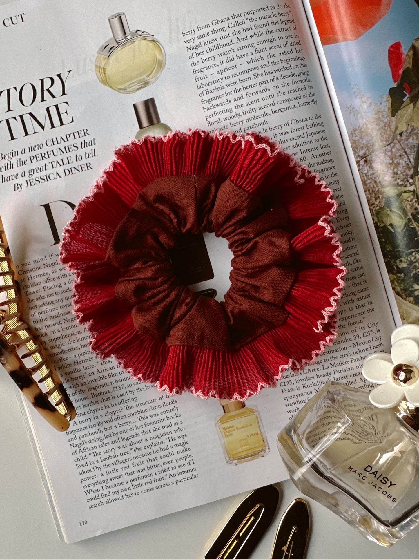 Smaller Oversized Brown Scrunchie with Red Frill Trim