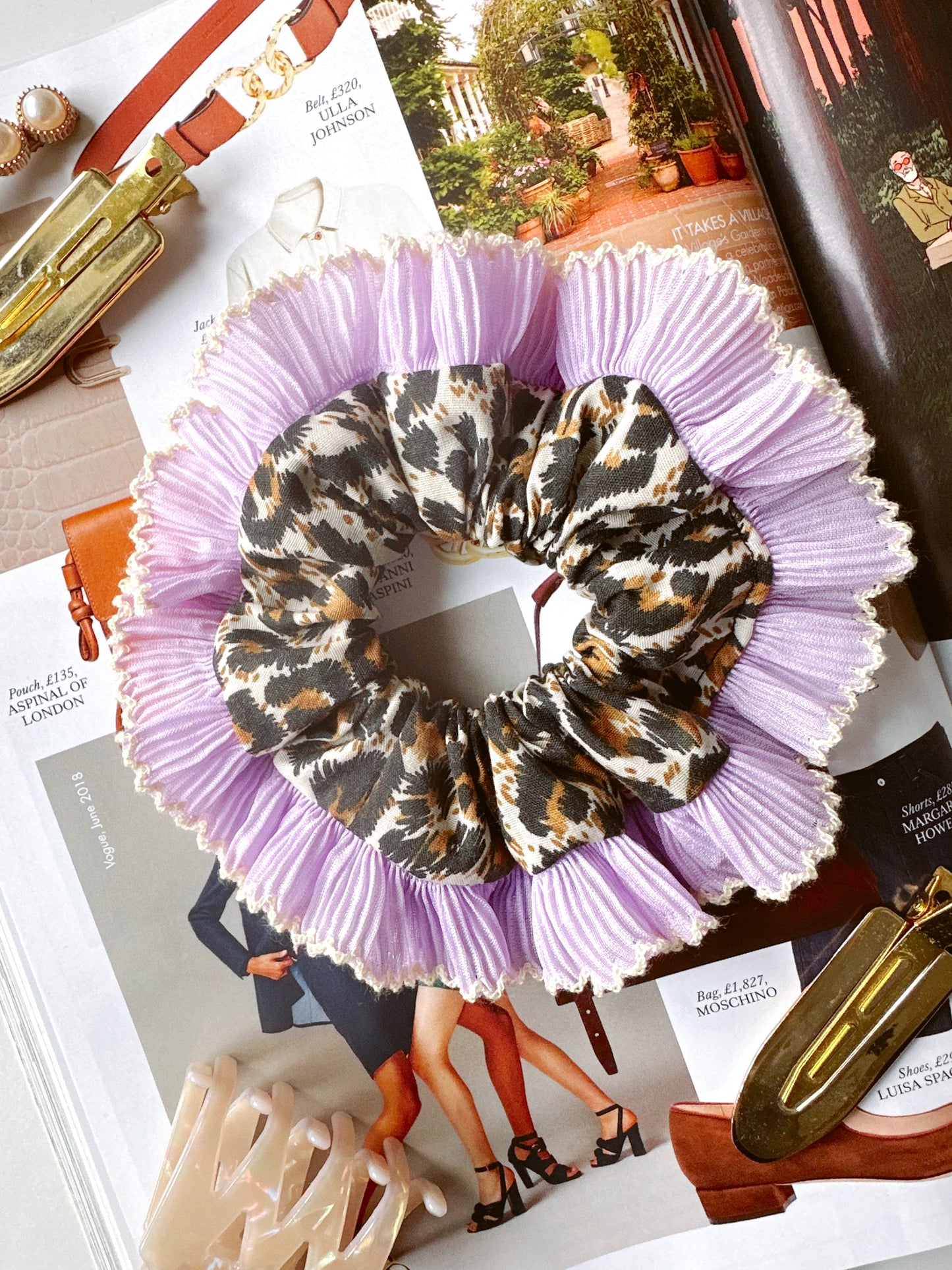 Mini Oversized Leopard Print Scrunchie with a Purple Frill Trim