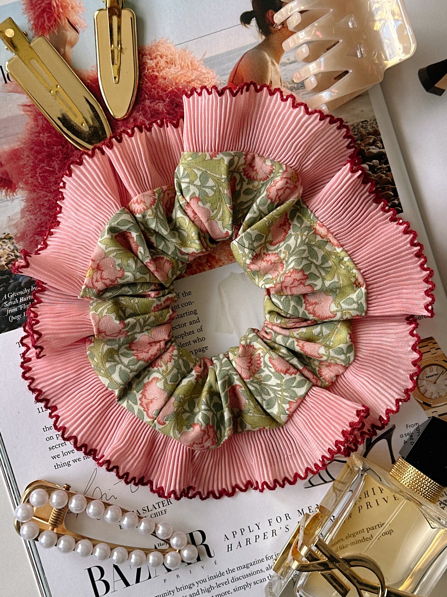 XL Victorian Floral Scrunchie with Pink and Red Frill Trim