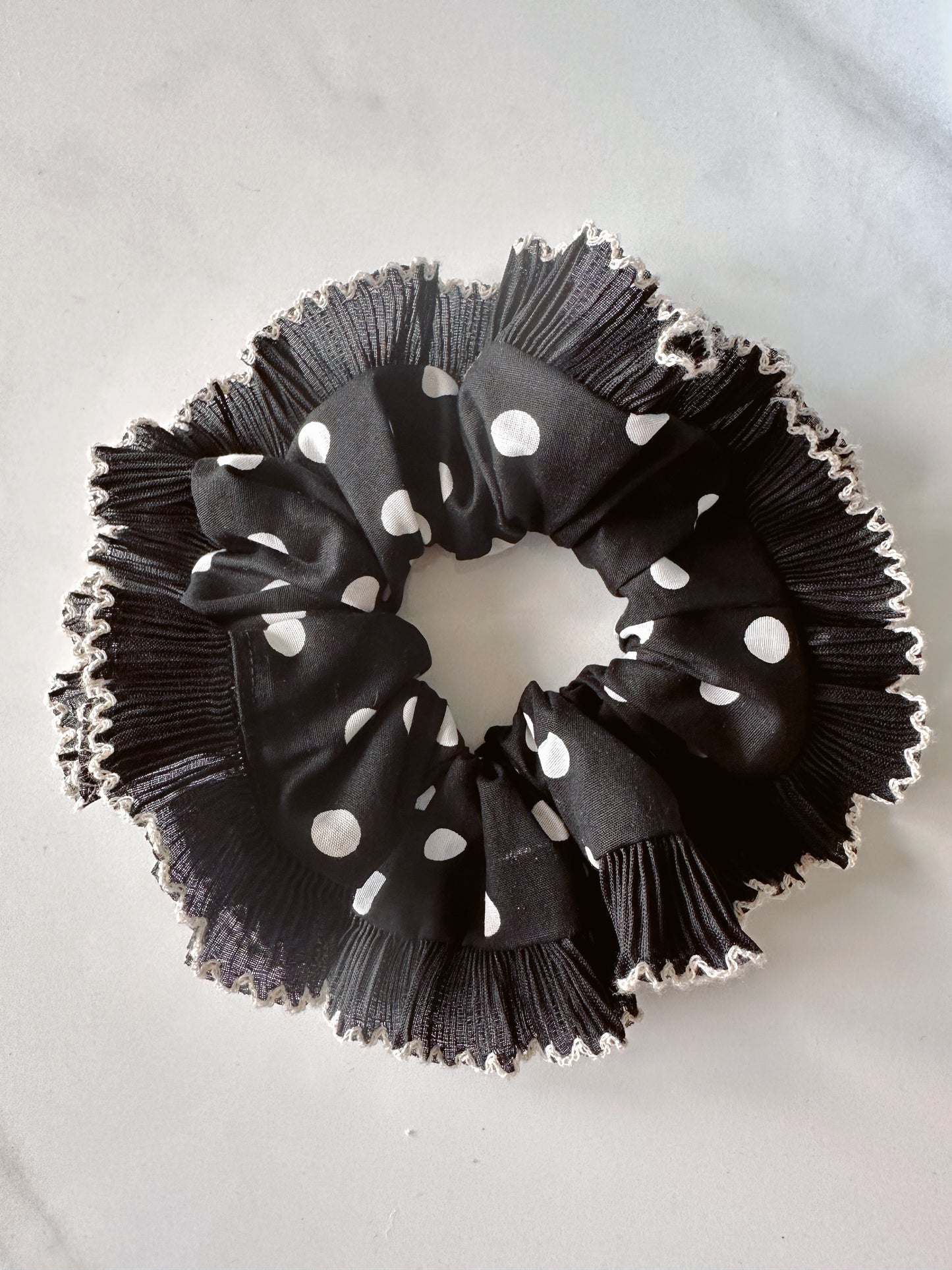XL Black Polkadot Scrunchie with Black and White Frill Trim