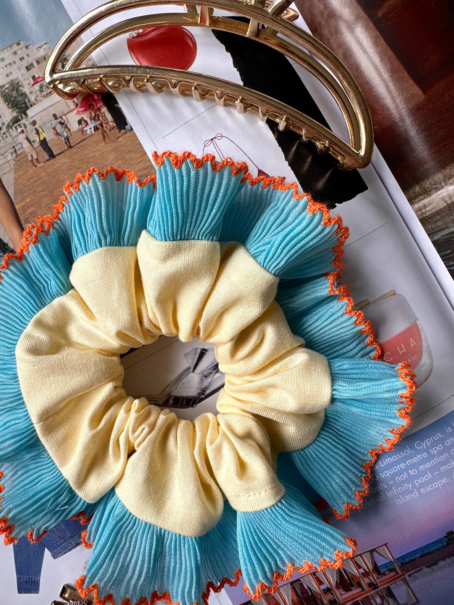 Mini Oversized Butter Yellow Scrunchie with Blue Frill Trim