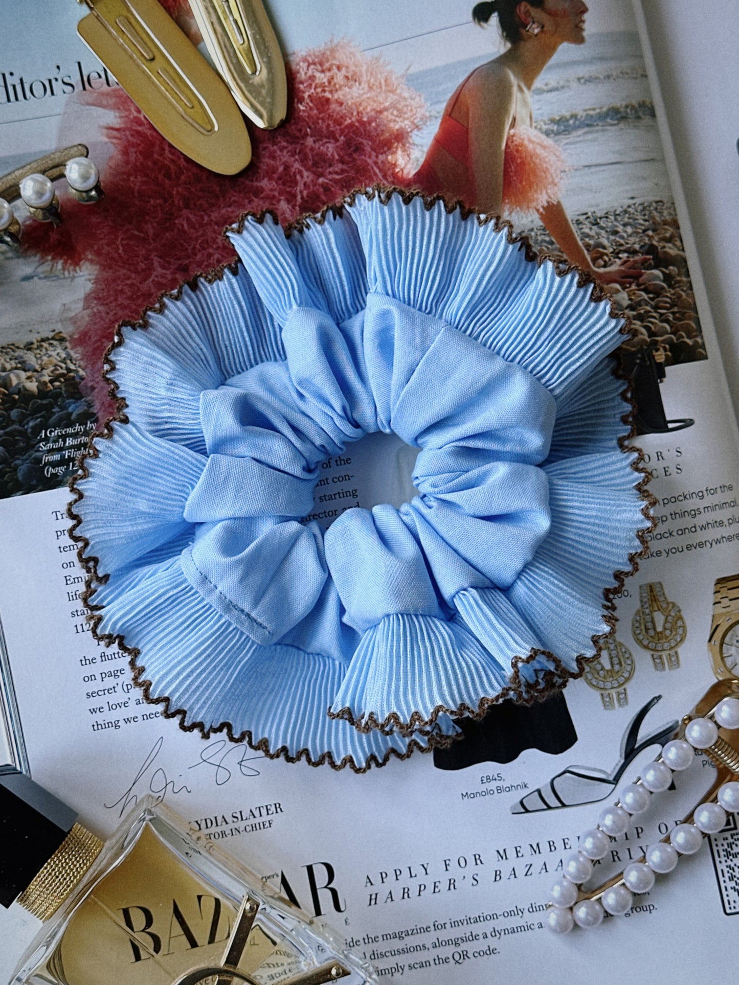 Oversized Light Blue Scrunchie with Baby Blue Frill Trim