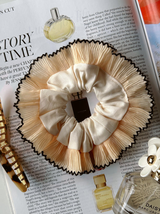 Smaller Oversized Ivory Scrunchie with Ivory and Black Frill Trim