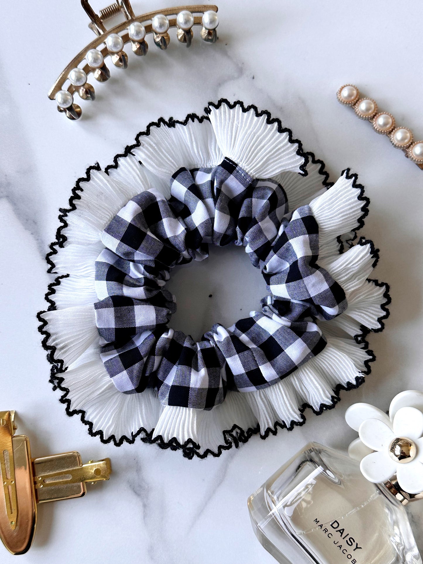 Black Gingham Scrunchie with White and Black Frill Trim
