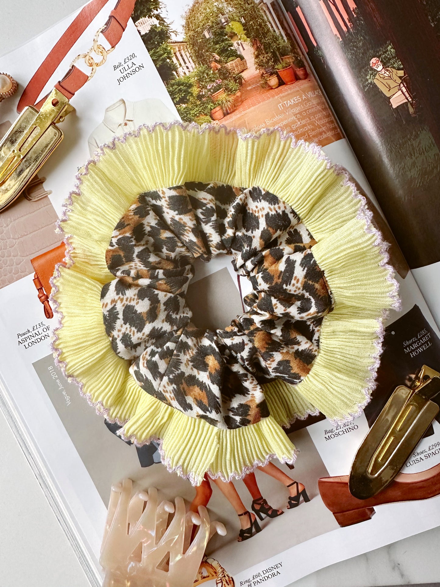 Mini Oversized Leopard Print Scrunchie with a Yellow Frill Trim