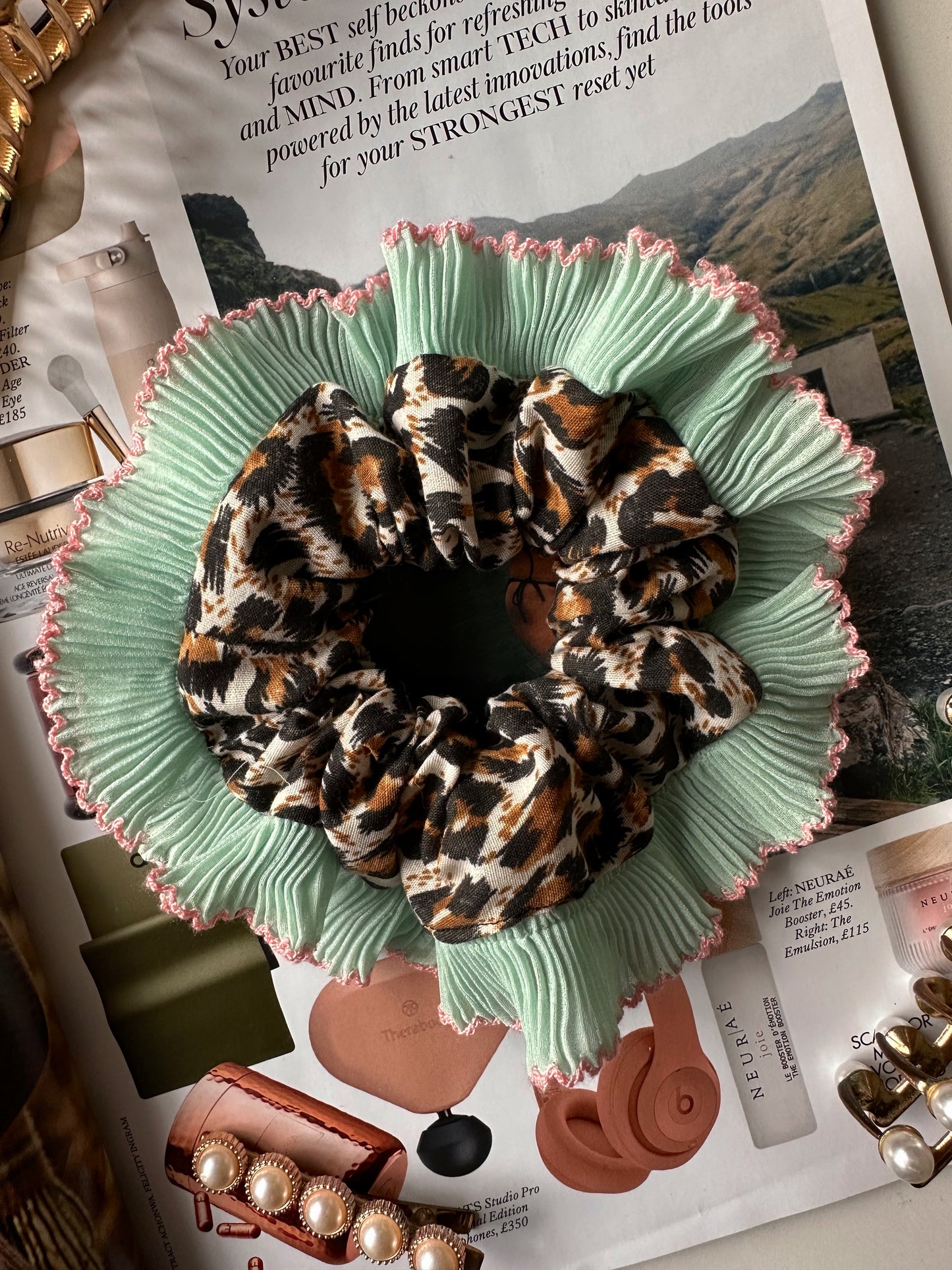 Mini Oversized Leopard Print Scrunchie with a Mint Green Frill Trim