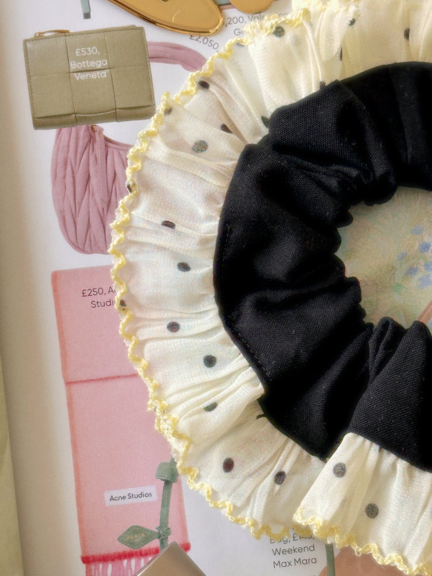 Oversized Black Scrunchie with Yellow Polkadot Trim
