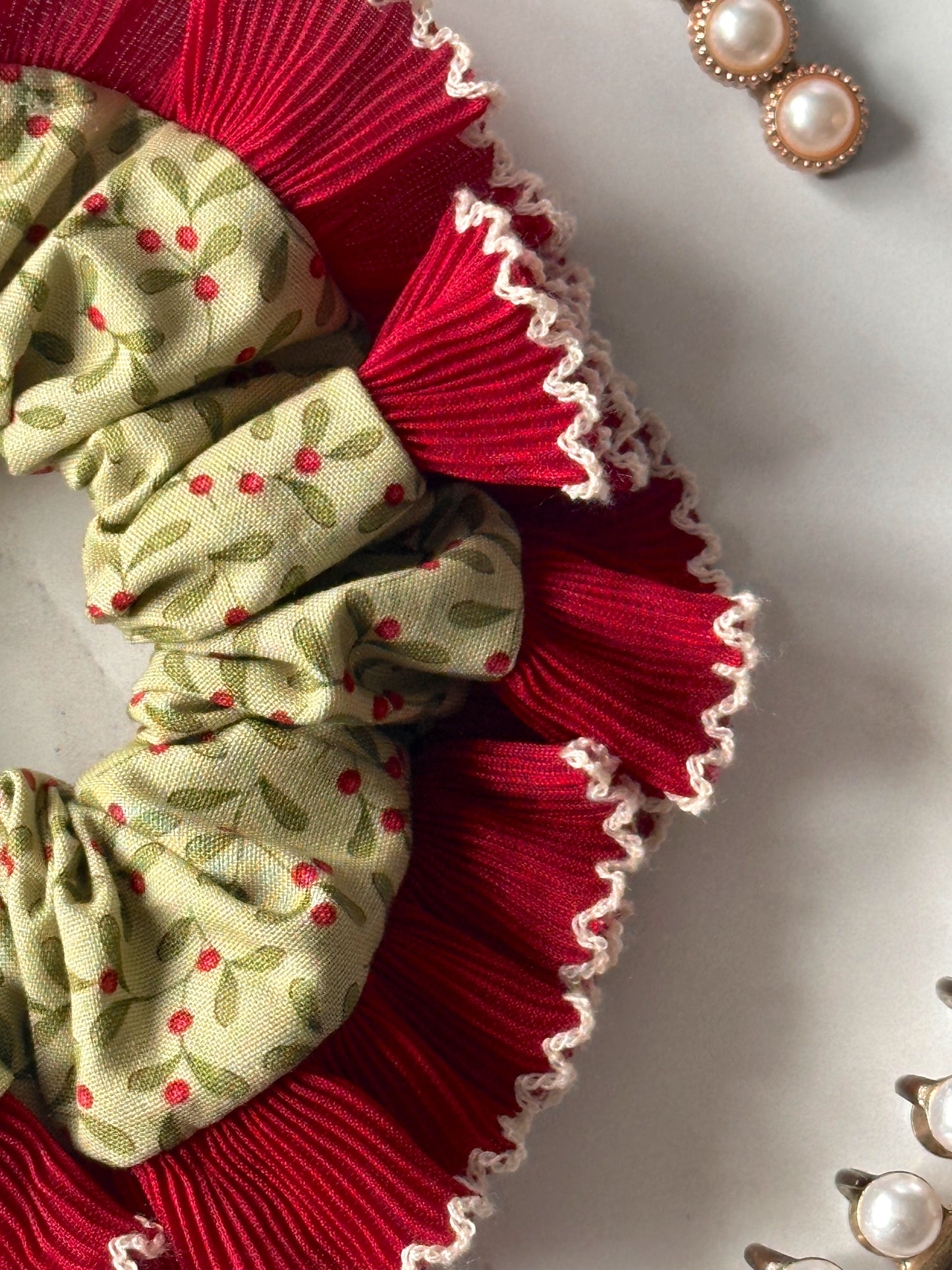 Mistletoe Merry Little Christmas Scrunchie with Red and White Frill Trim
