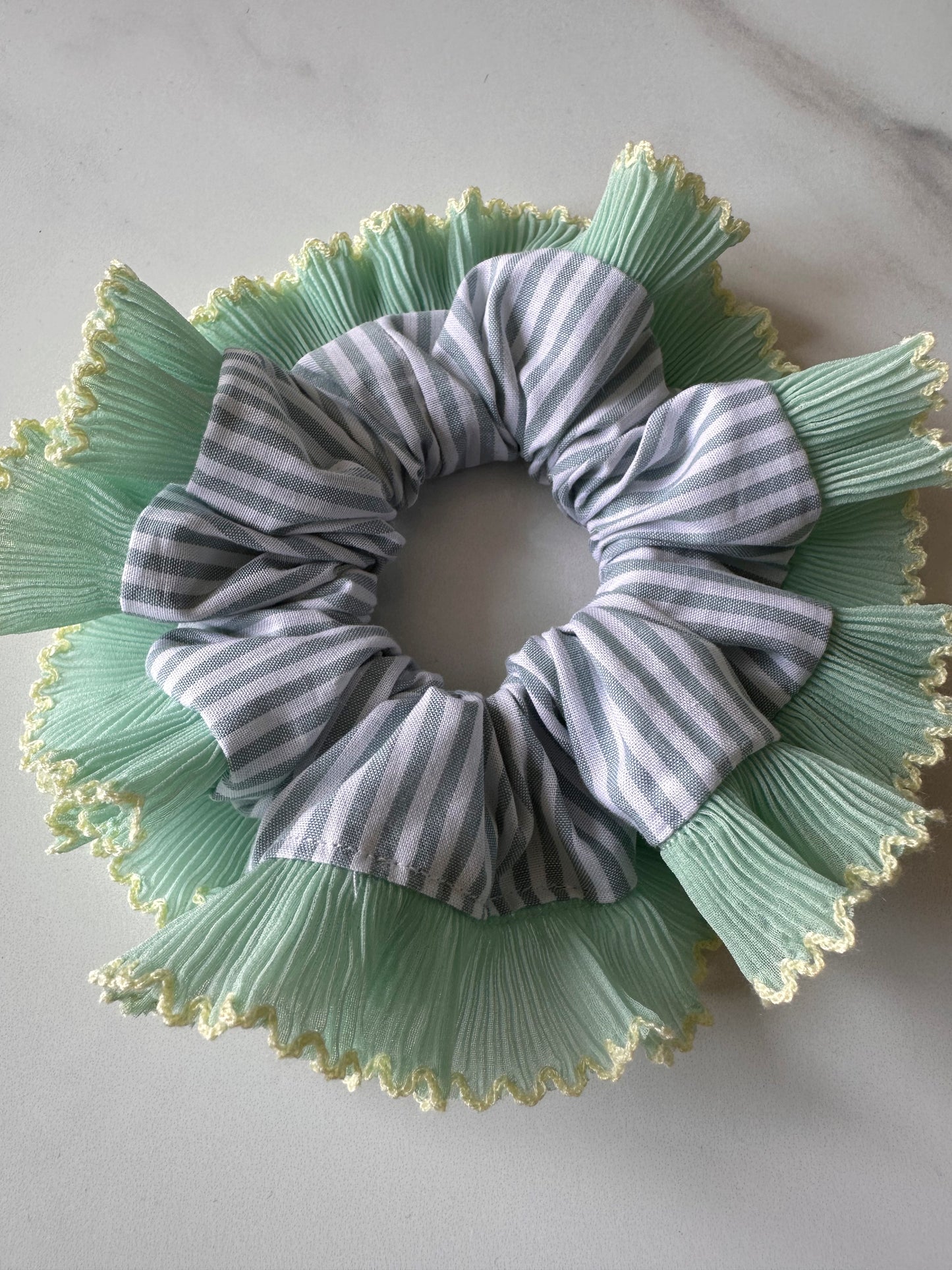 Blue Striped Scrunchie with Green and White Frill Trim