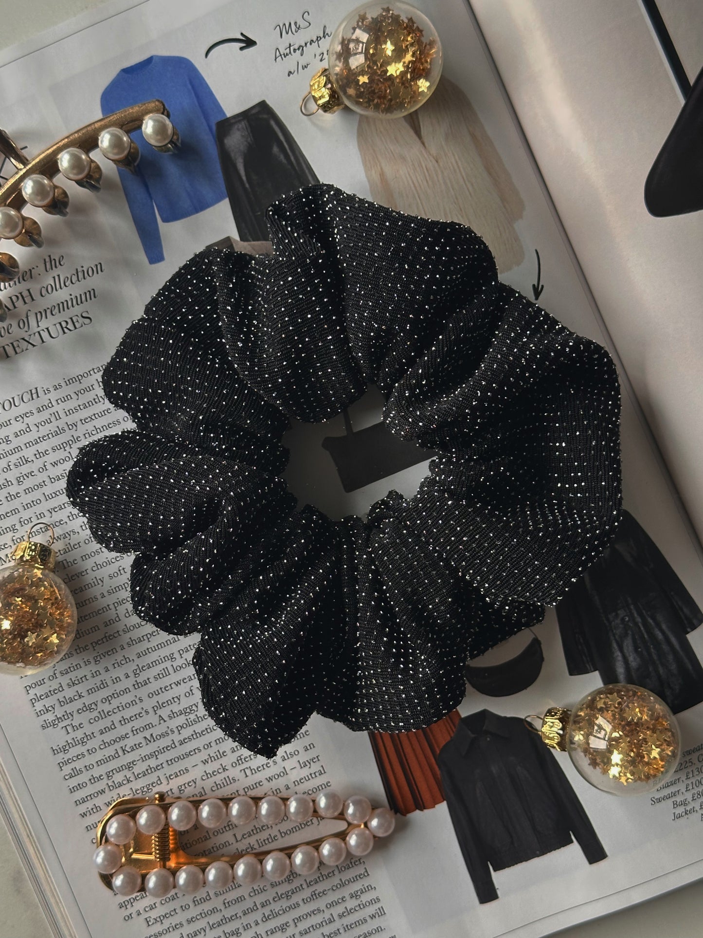 Oversized Black and Silver Scrunchie