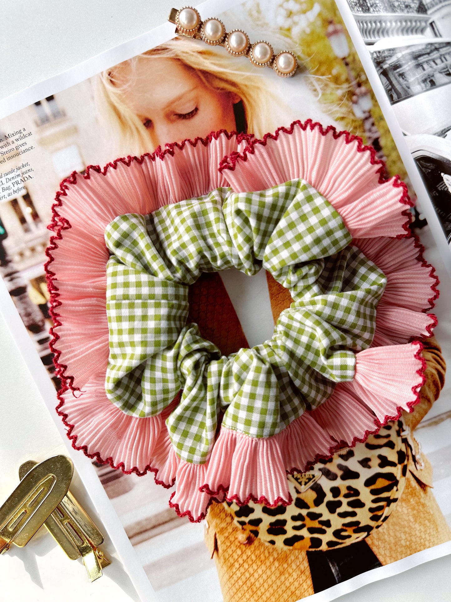 Handmade XL Olive Green Gingham Scrunchie with Pink and Red Frill Trim