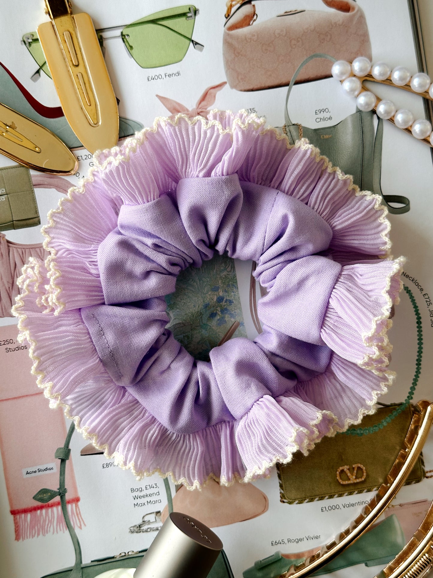 Smaller Purple Scrunchie with Purple and White Frill Trim