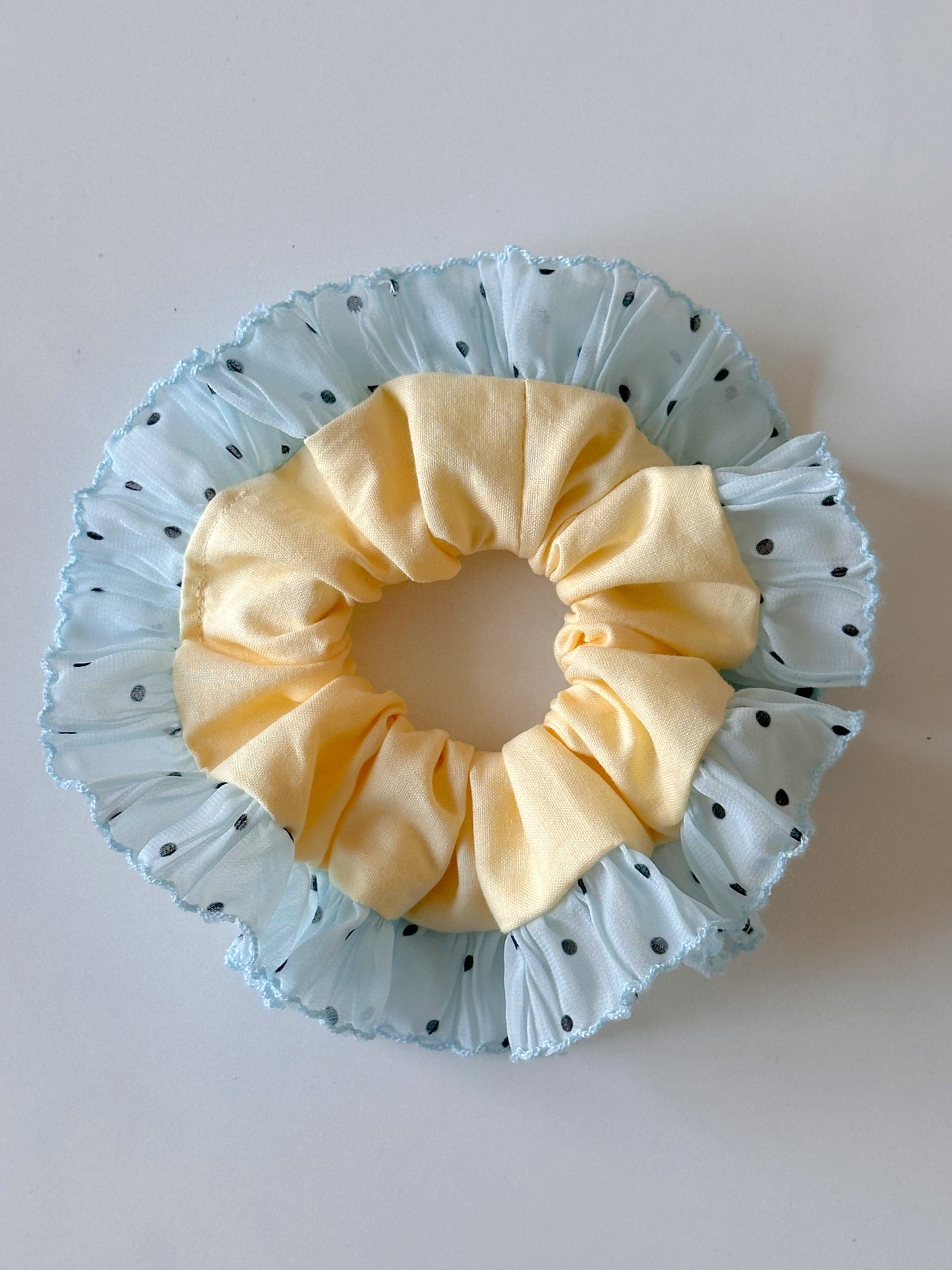 Oversized Butter Yellow  Scrunchie with Blue Polkadot Trim