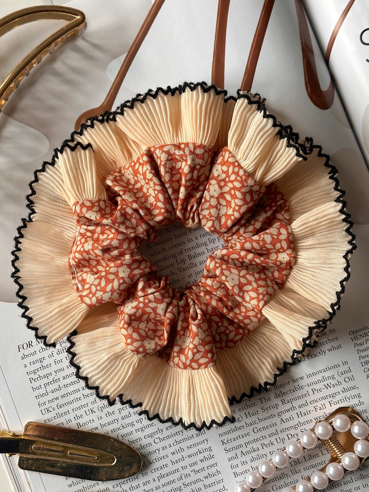 Mini Orange Floral Scrunchie with Cream Frill Trim